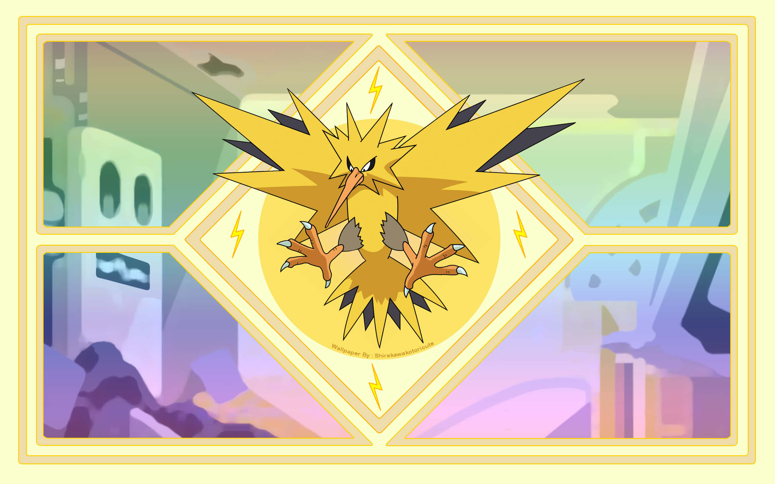 Zapdos, glowing diamond frame, pastel cityscape, 2K Desktop Wallpaper