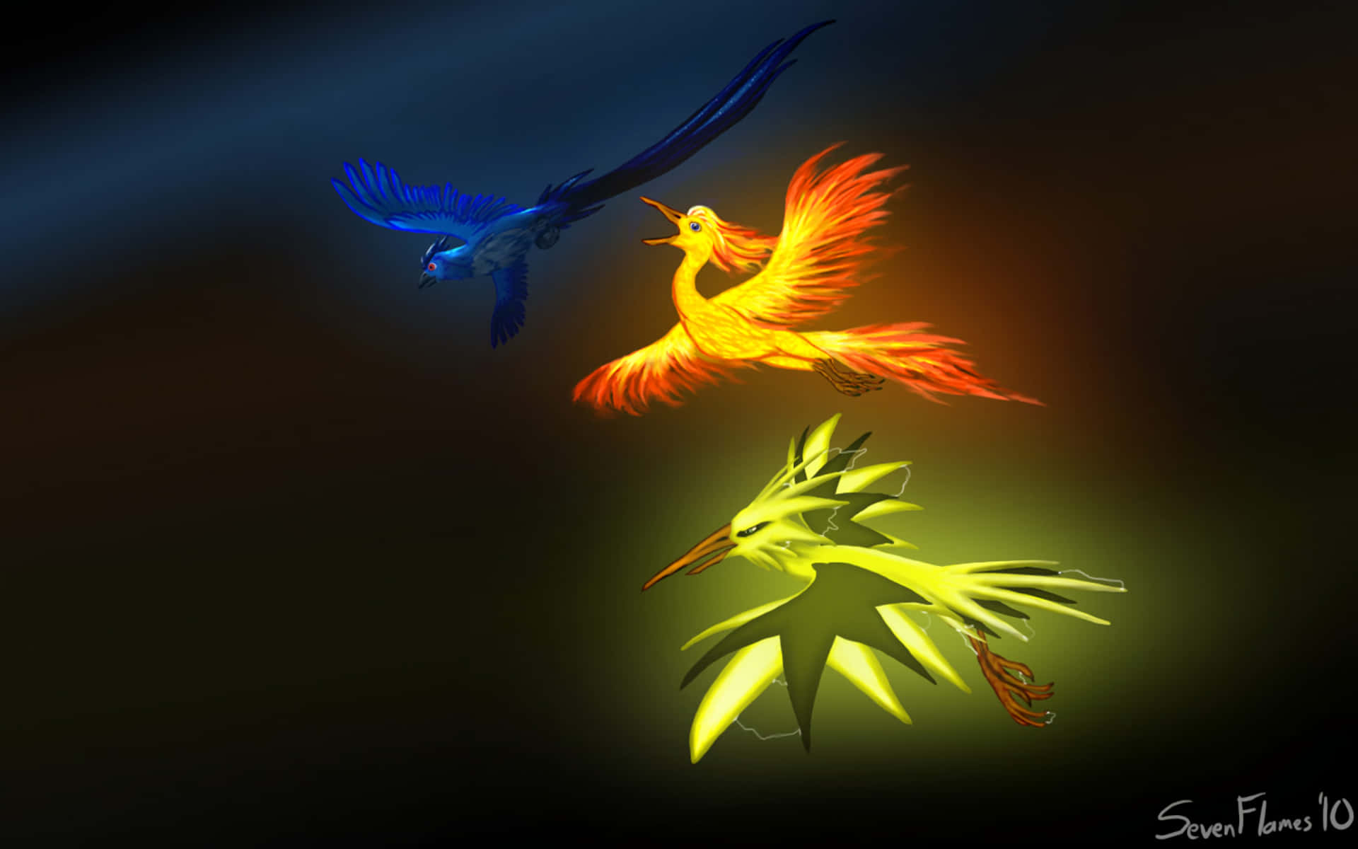 Zapdos, mythical birds, blue orange and yellow light, Full HD Desktop Wallpaper