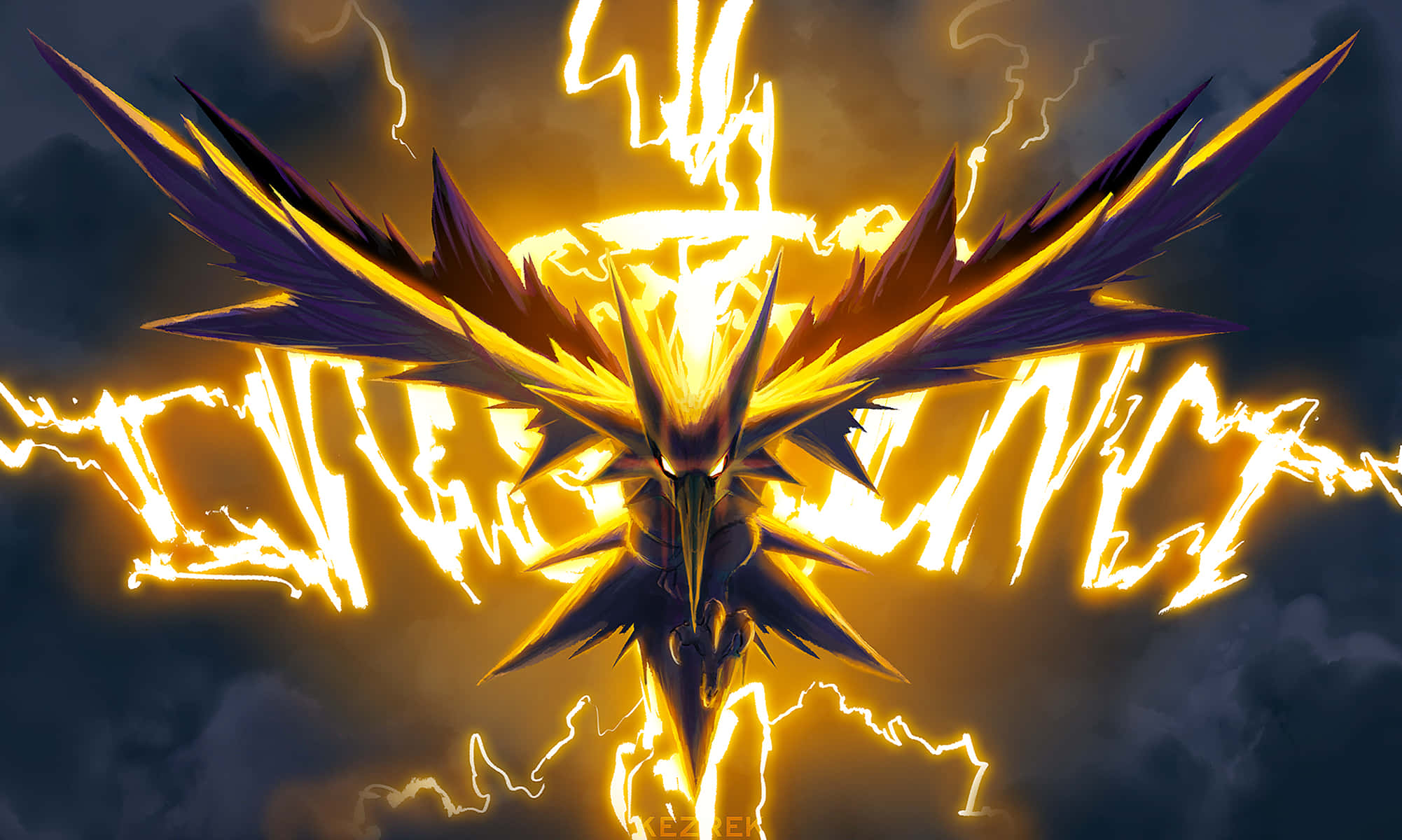 Zapdos, dark purple, golden lightning wings, Full HD Desktop Wallpaper