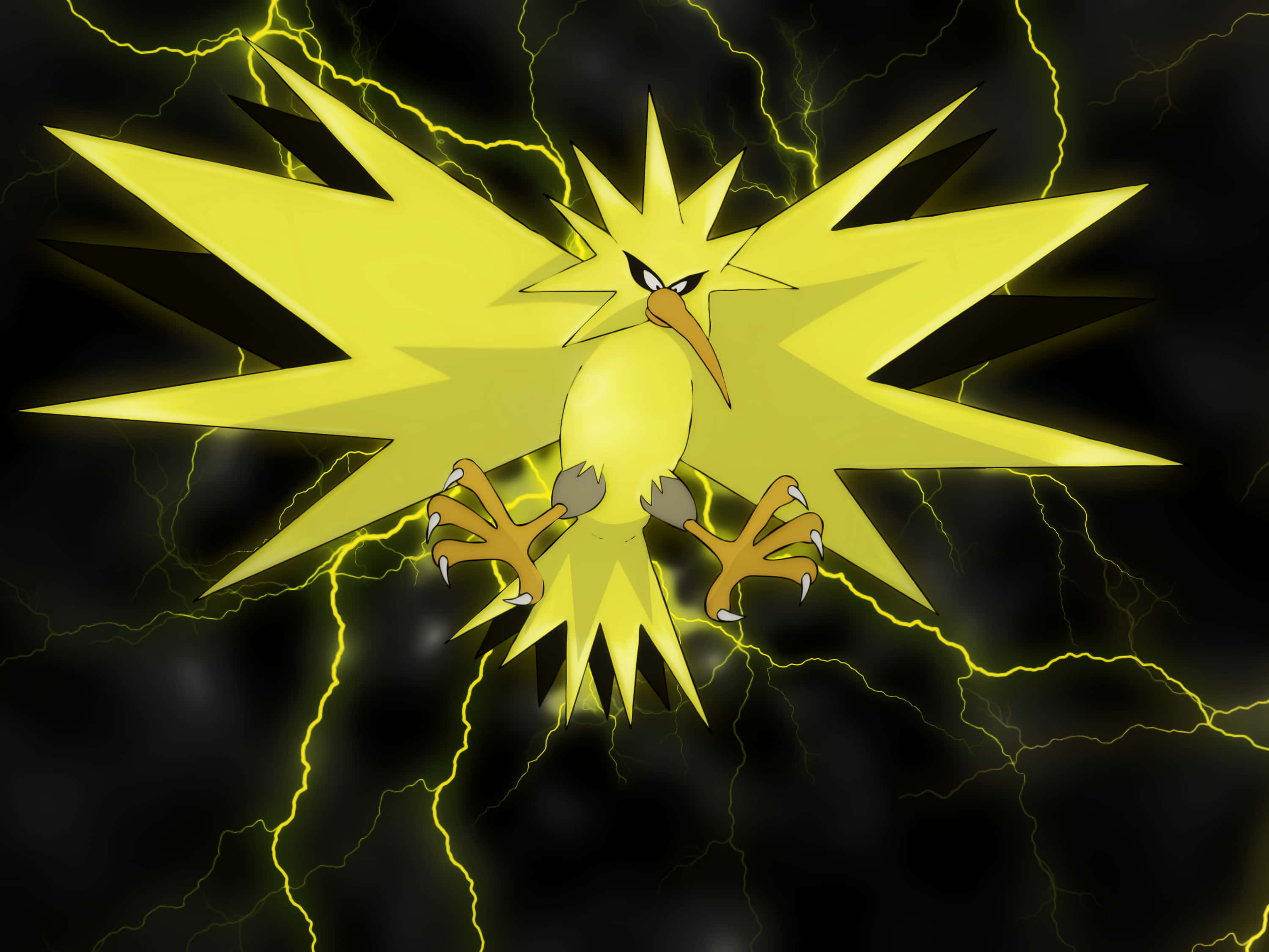 Zapdos, yellow lightning bird, sharp spiky wings, 2K Desktop Wallpaper