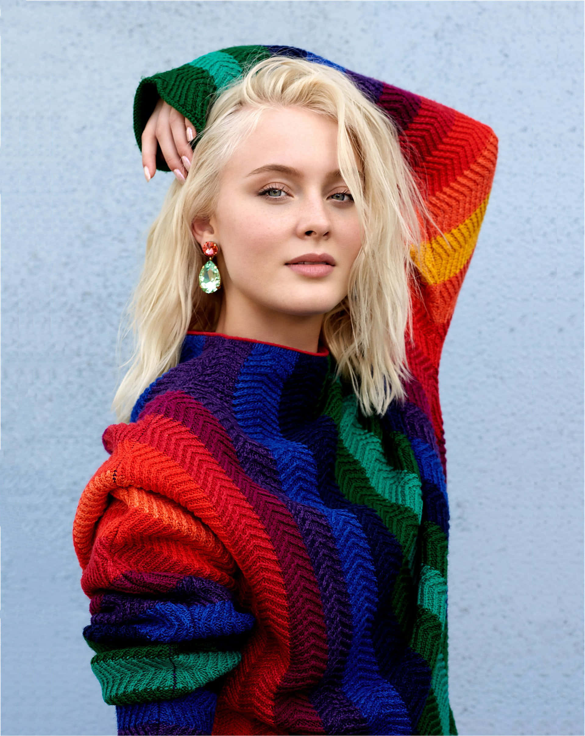 Zara Larsson, rainbow knit sweater, muted blue wall, Full HD Phone Wallpaper
