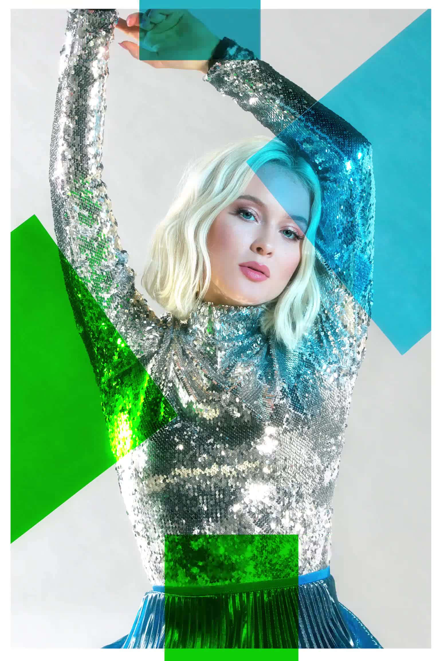 Zara Larsson, sparkling silver sequined outfit, vibrant geometric background, Full HD Phone Wallpaper