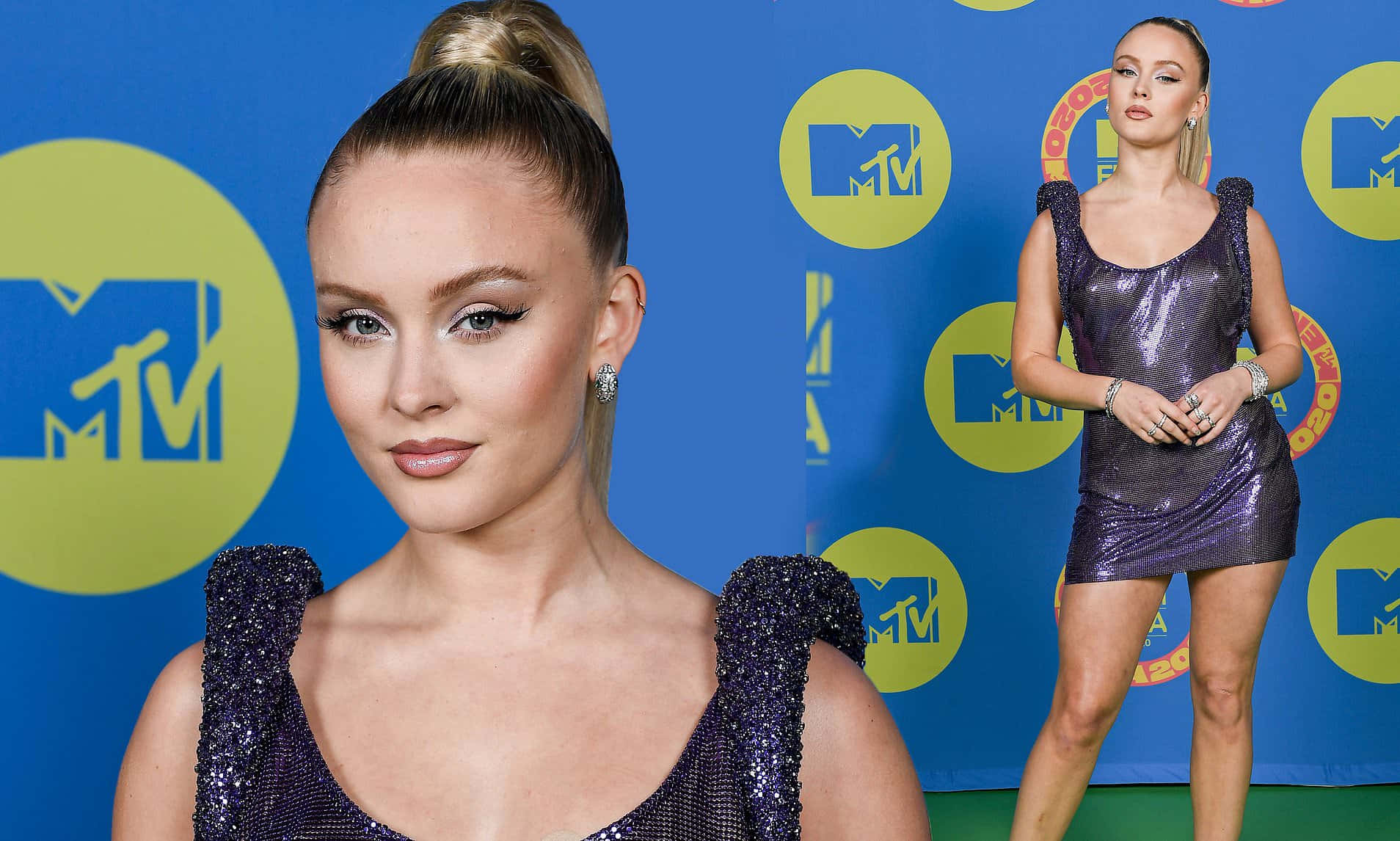 Zara Larsson, sparkling purple dress, blue MTV branded backdrop, HD Desktop Wallpaper
