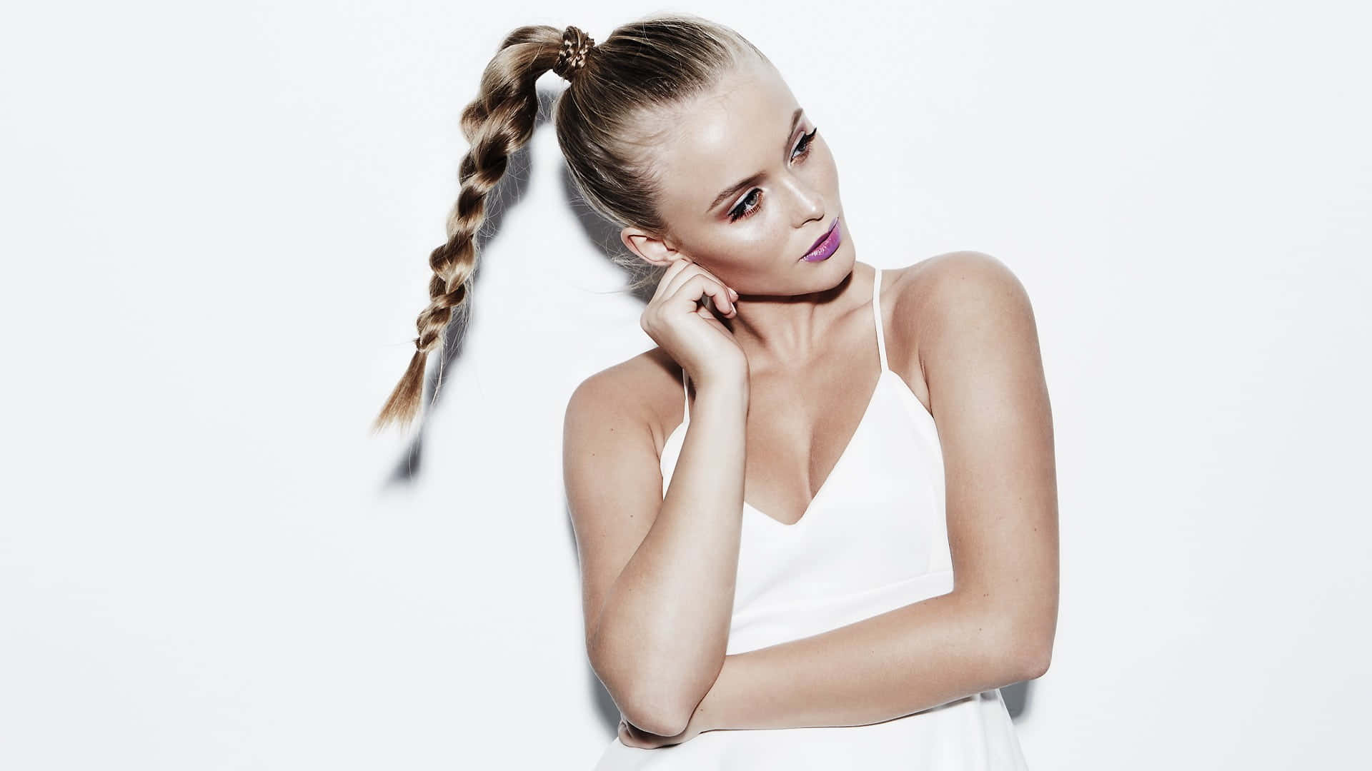 Zara Larsson, braided ponytail, purple lipstick, Full HD Desktop Wallpaper