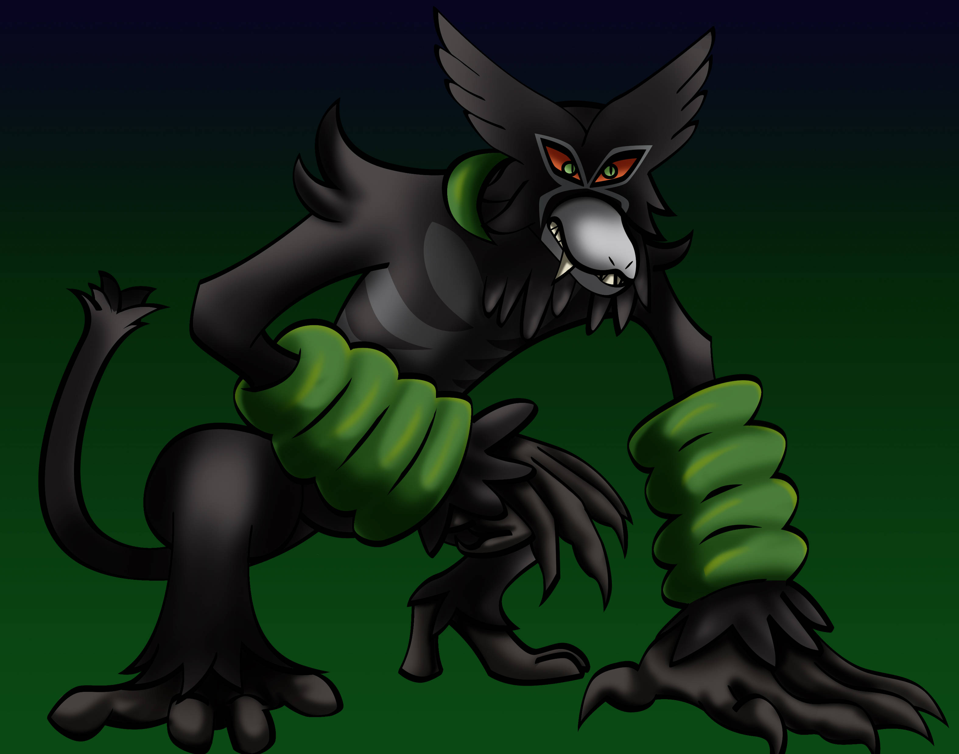 Zarude, black feline monster, glowing red eyes, 2K Desktop Wallpaper