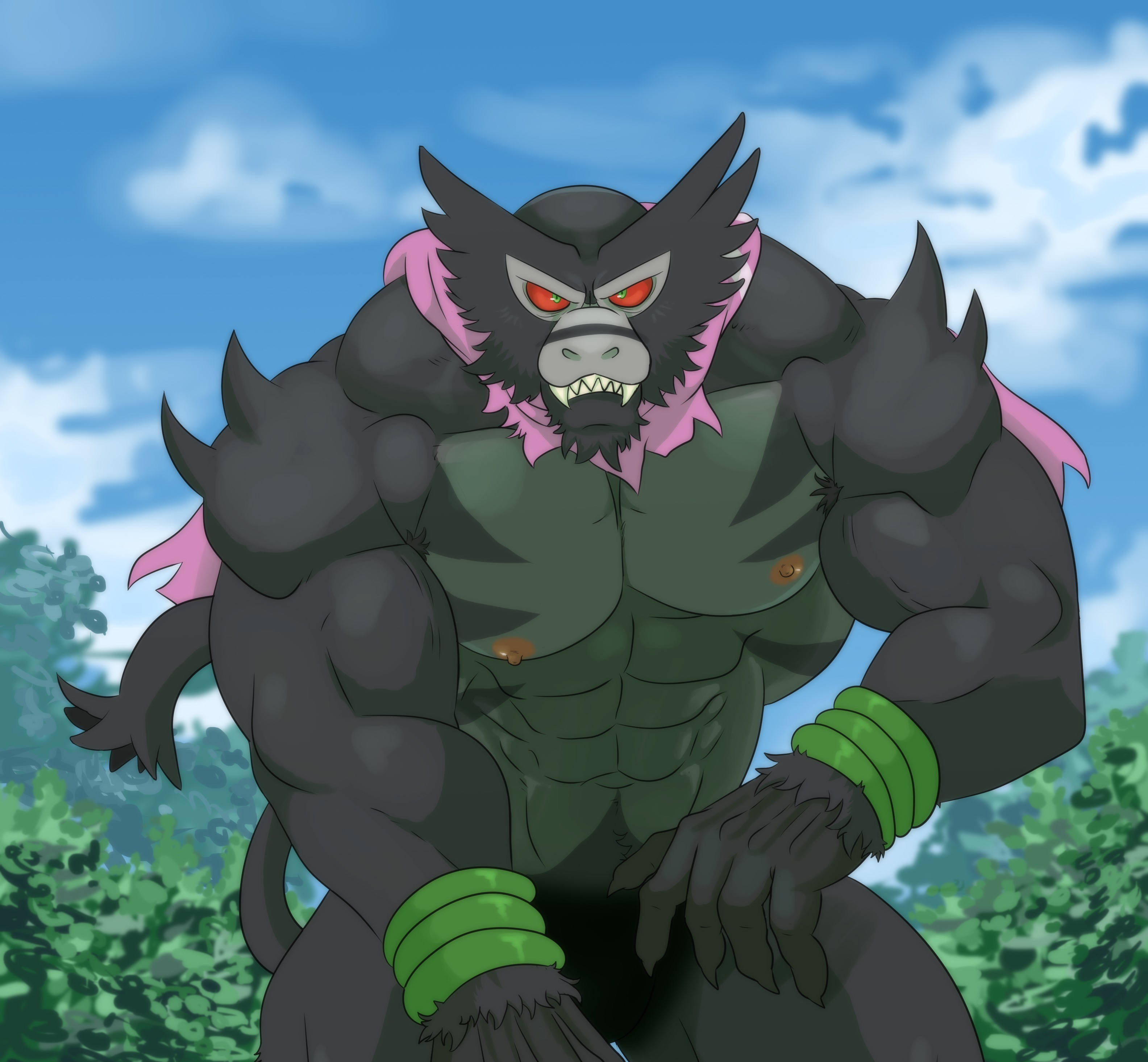 Zarude, black-furred, glowing red eyes, 2K Desktop Wallpaper