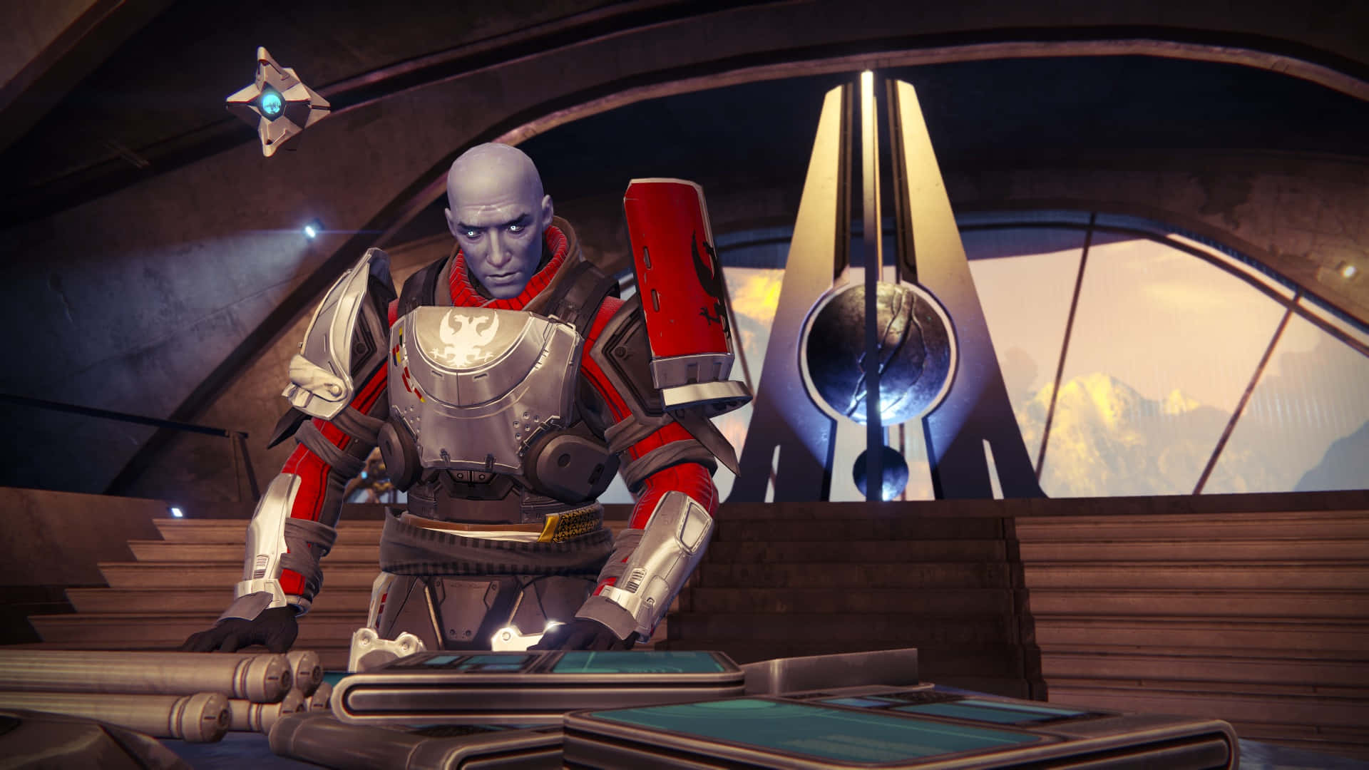 Zavala, red and silver armor, futuristic spaceship cockpit, Full HD Desktop Wallpaper
