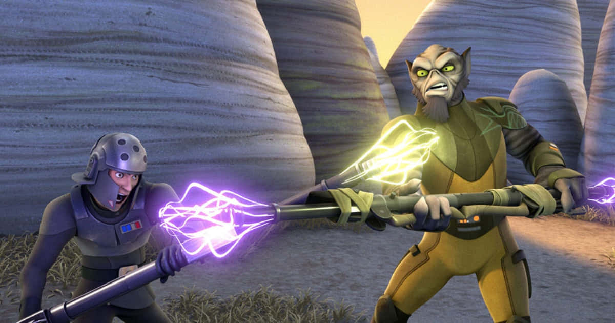 Zeb Orrelios, glowing purple and yellow energy weapons, desert canyon, SD Desktop Wallpaper