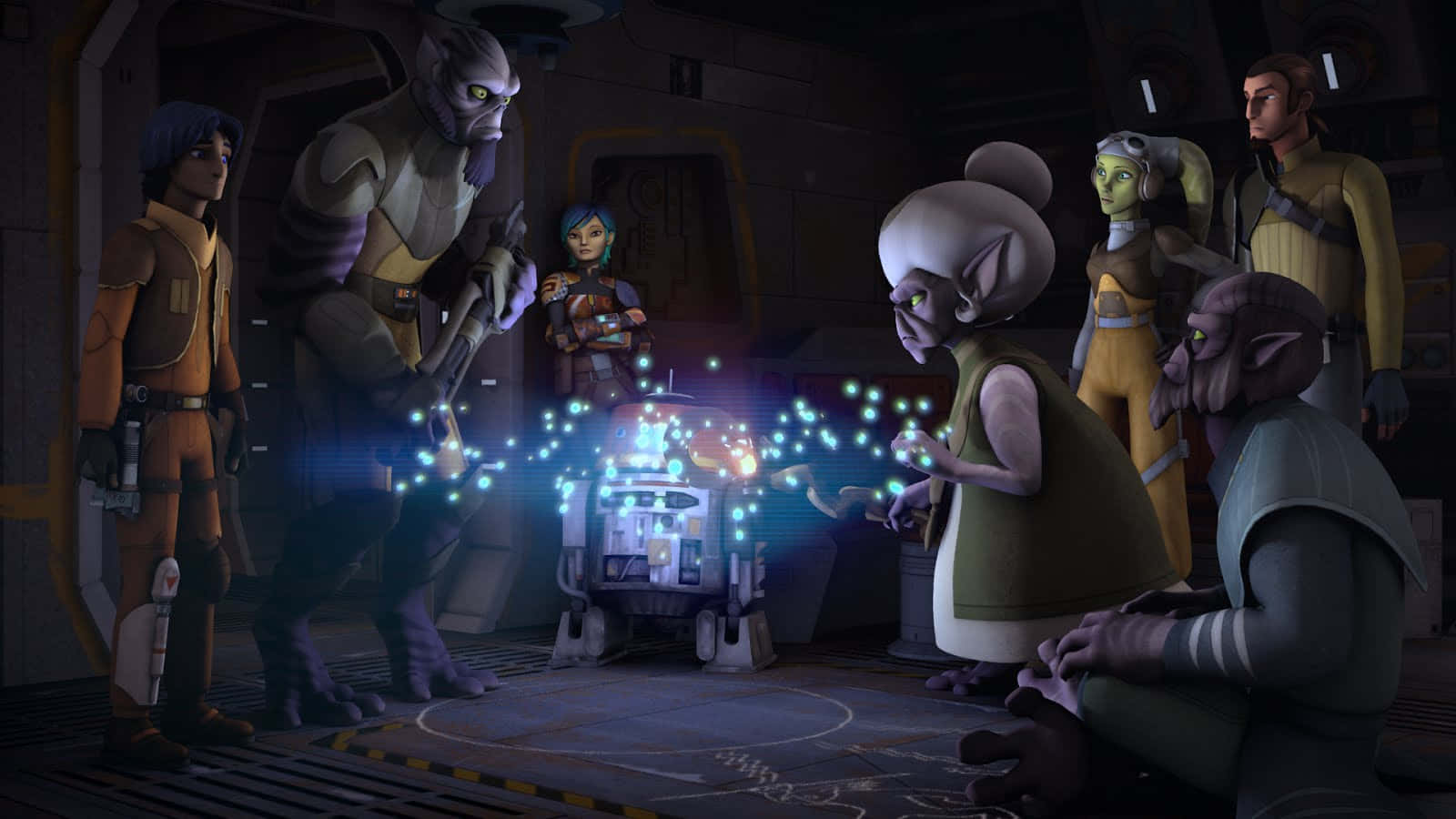 Zeb Orrelios, glowing droid, dimly lit spaceship interior, HD Desktop Wallpaper