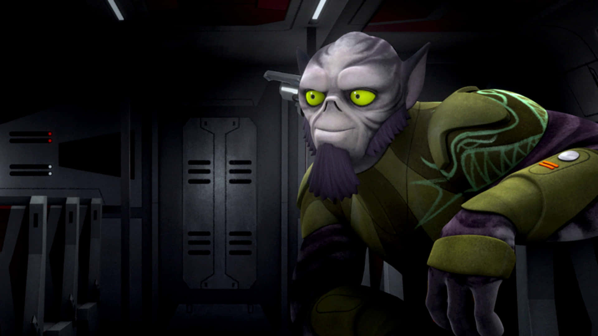 Zeb Orrelios, gray-skinned alien, glowing yellow eyes, Full HD Desktop Wallpaper