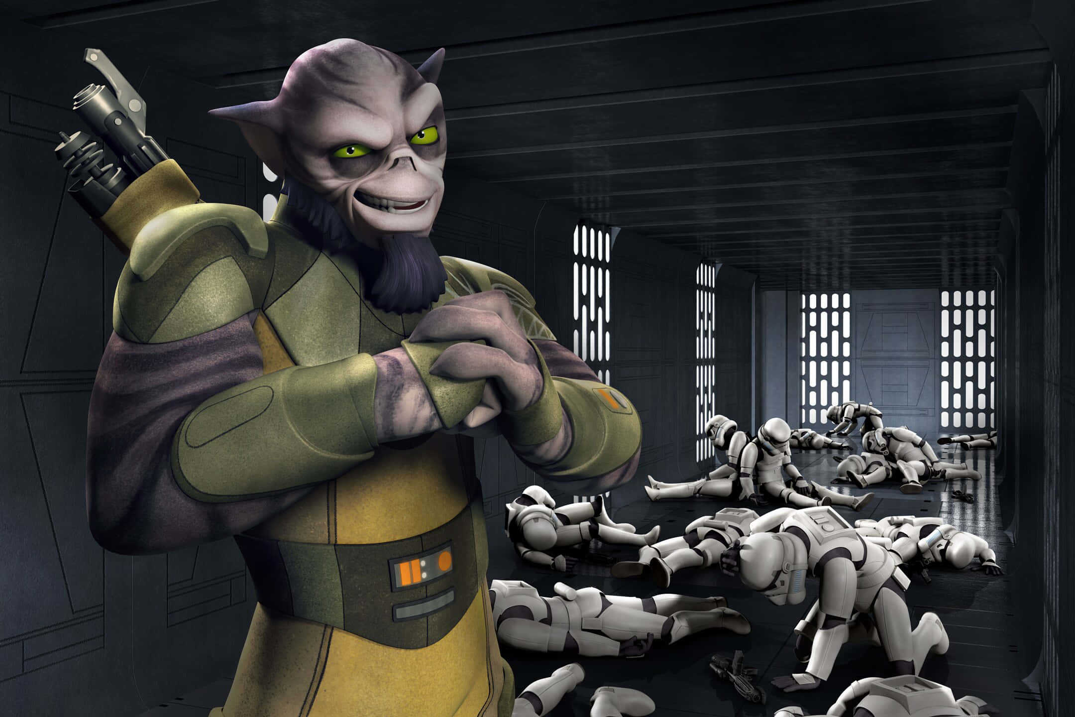 Zeb Orrelios, green-skinned alien warrior, glowing eyes, Full HD Desktop Wallpaper