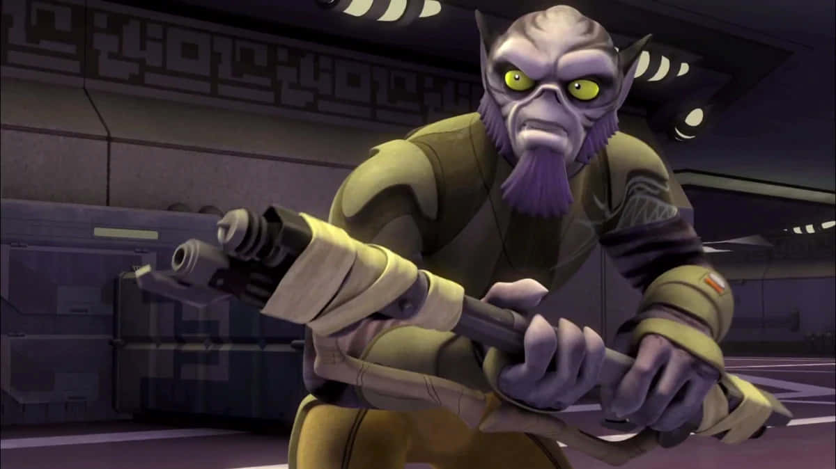 Zeb Orrelios, blaster rifle, dimly lit futuristic corridor, SD Desktop Wallpaper