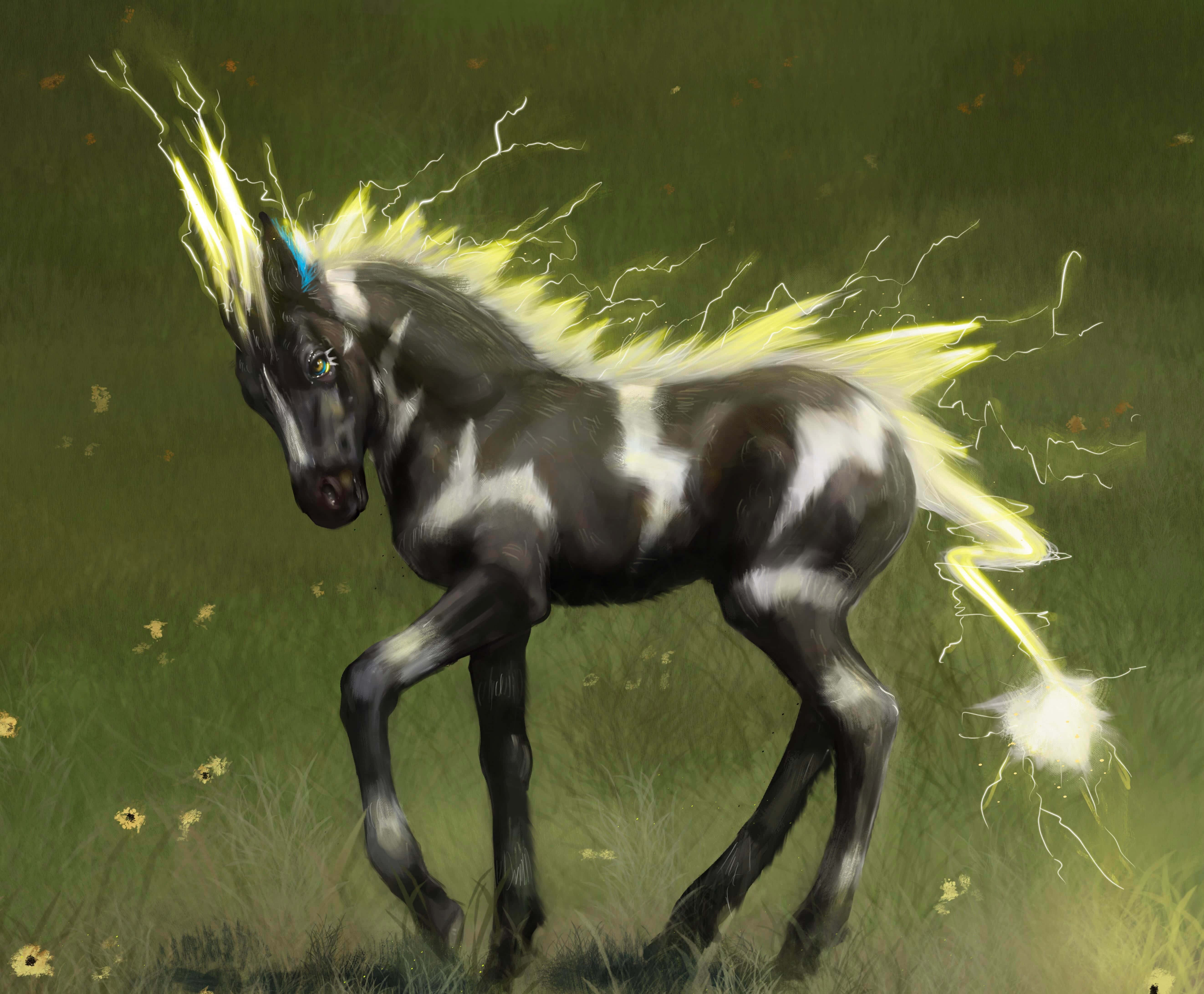 Zebstrika, black and white pony, electric yellow mane and tail, 5K Desktop Wallpaper