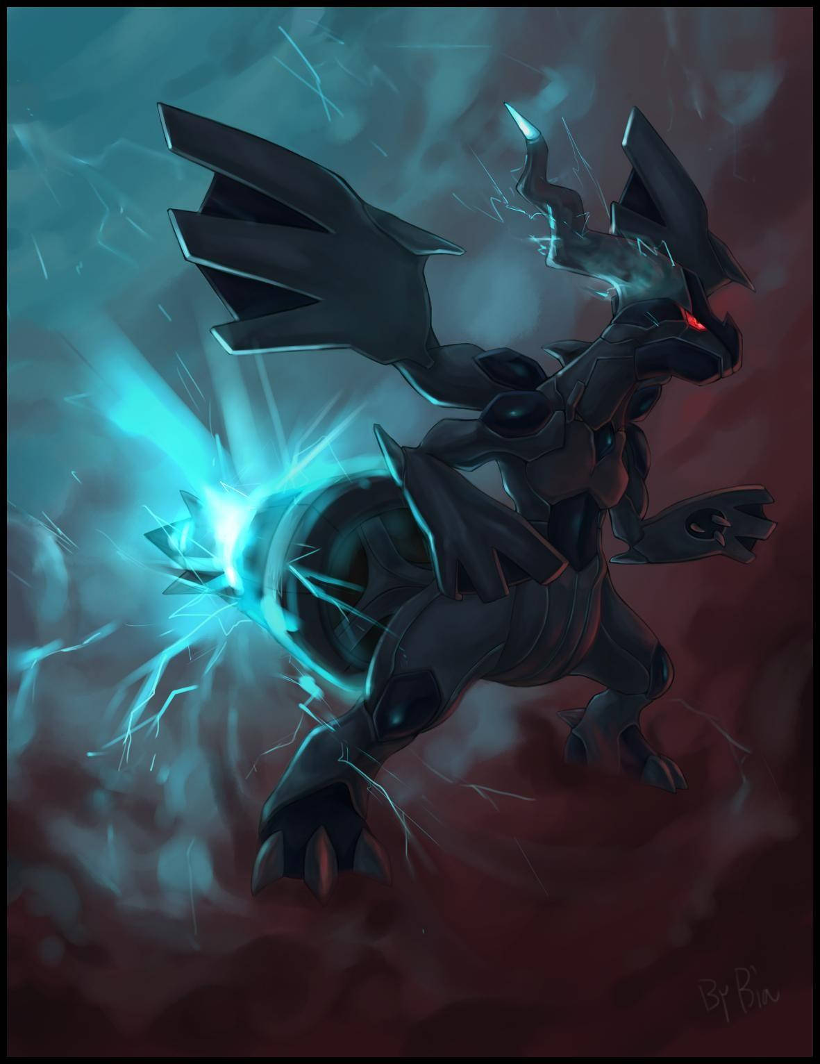 Zekrom, glowing blue energy, stormy red and teal backdrop, HD Phone Wallpaper