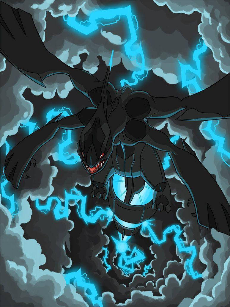 Zekrom, glowing blue lightning, stormy clouds, SD Phone Wallpaper