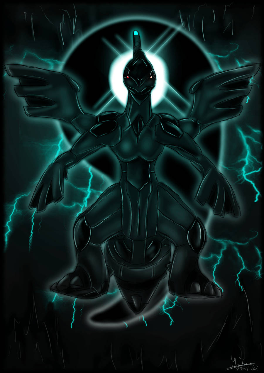 Zekrom, dark armored dragon, glowing red eyes, SD Phone Wallpaper