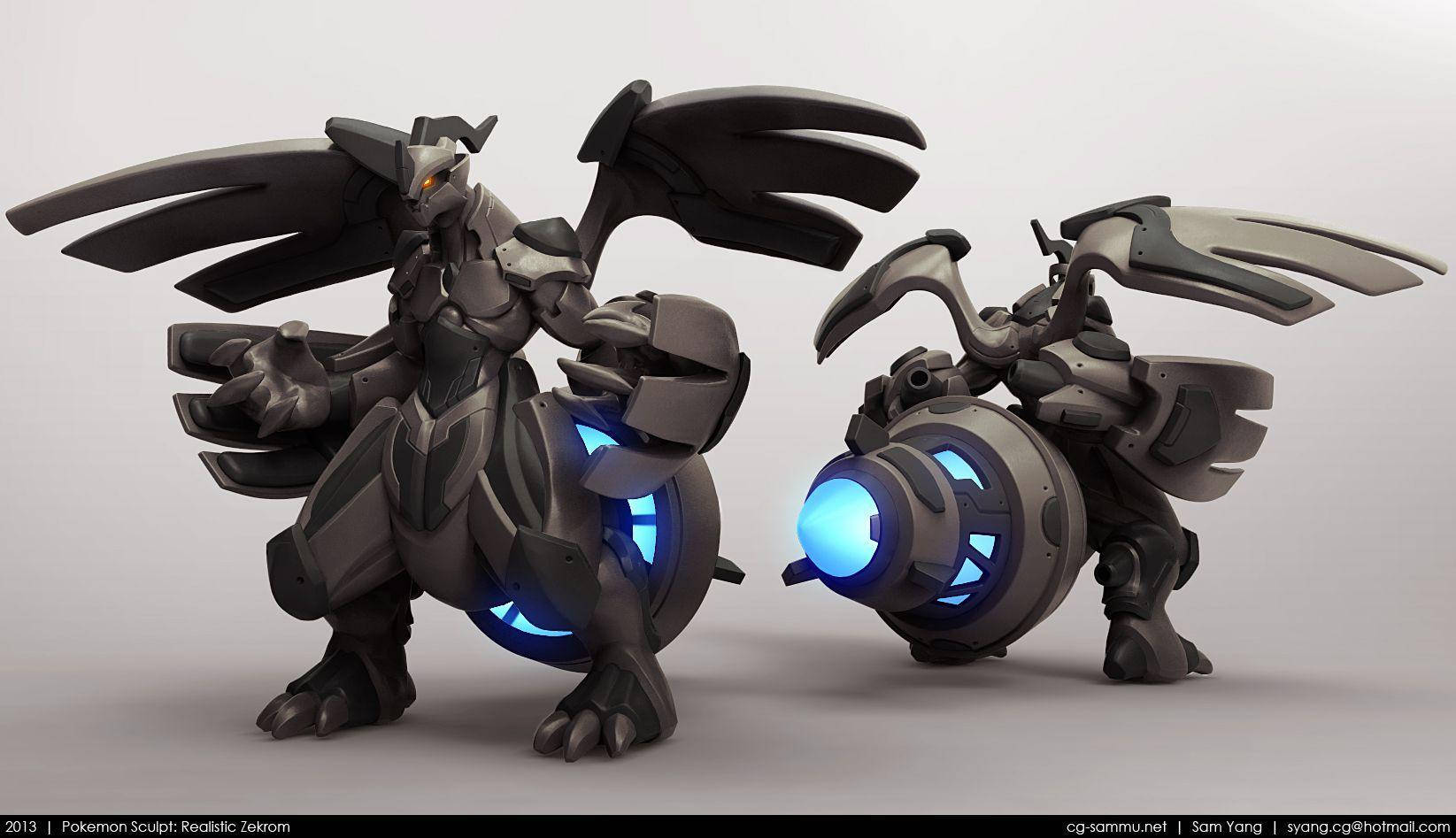 Zekrom, biomechanical dragon-like creatures, glowing blue cores, HD Desktop Wallpaper