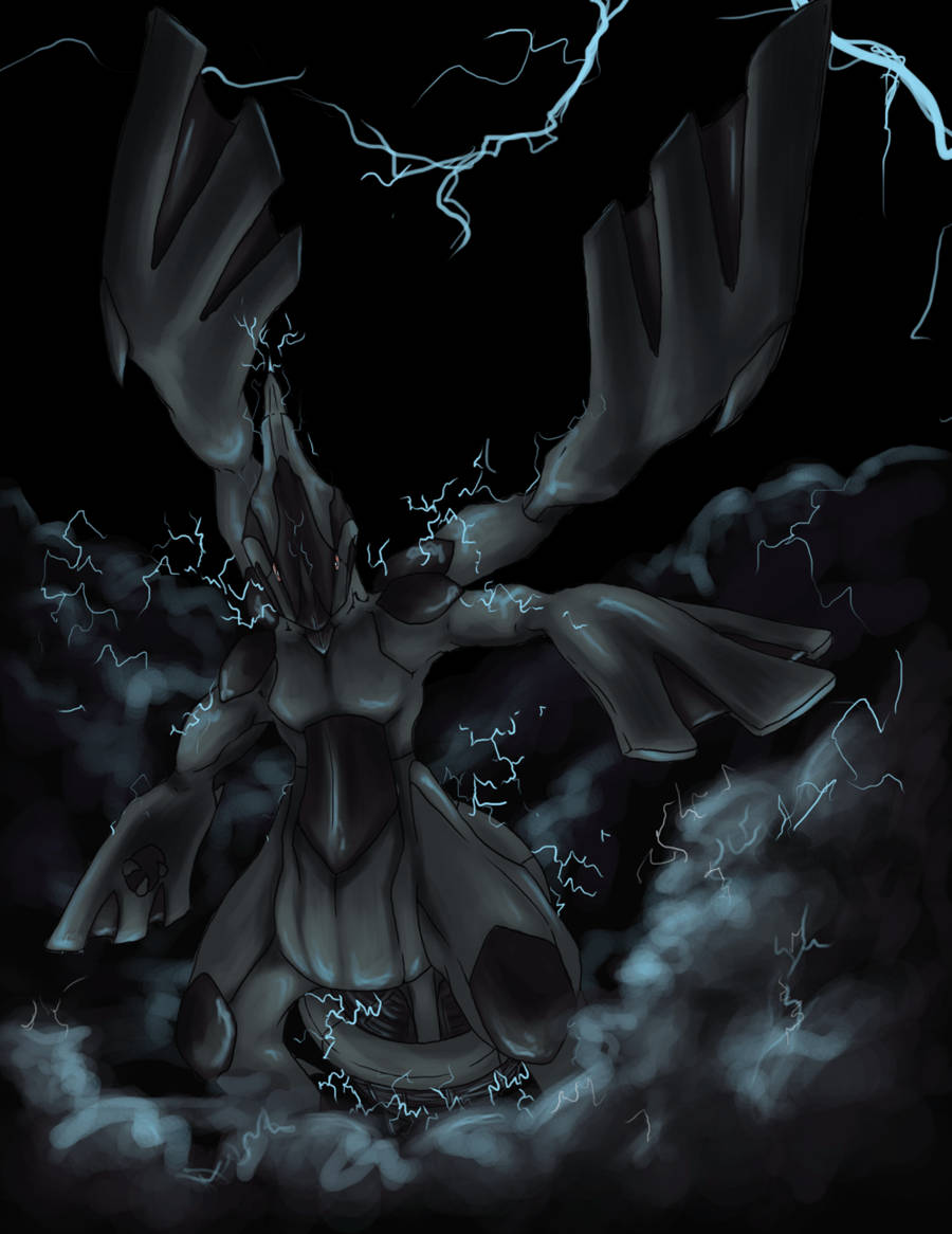Zekrom, glowing blue lightning, stormy black background, SD Phone Wallpaper