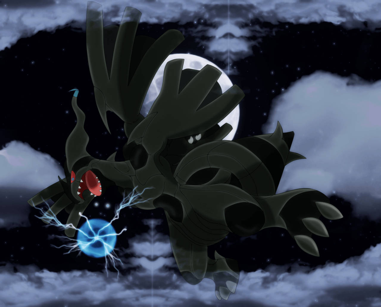 Zekrom, glowing red eyes, blue lightning, HD Desktop Wallpaper