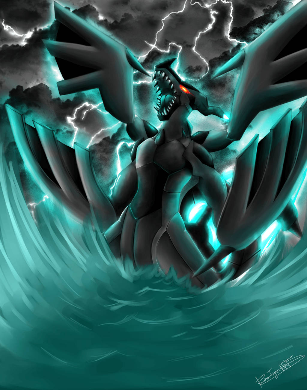 Zekrom, stormy waters, lightning-filled skies, HD Phone Wallpaper