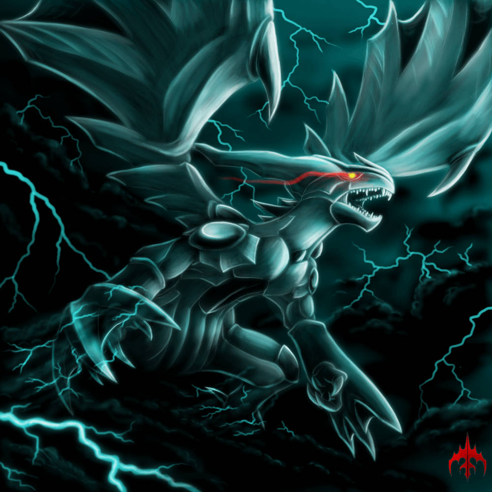 Zekrom, metallic dragon, glowing red eyes, SD Desktop Wallpaper