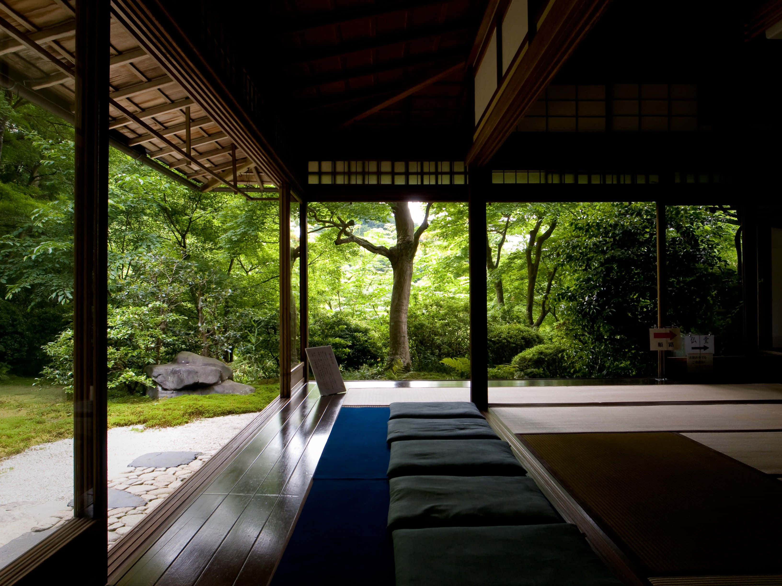 Zen Desktop, Japanese tea house, lush green garden, 2K Desktop Wallpaper