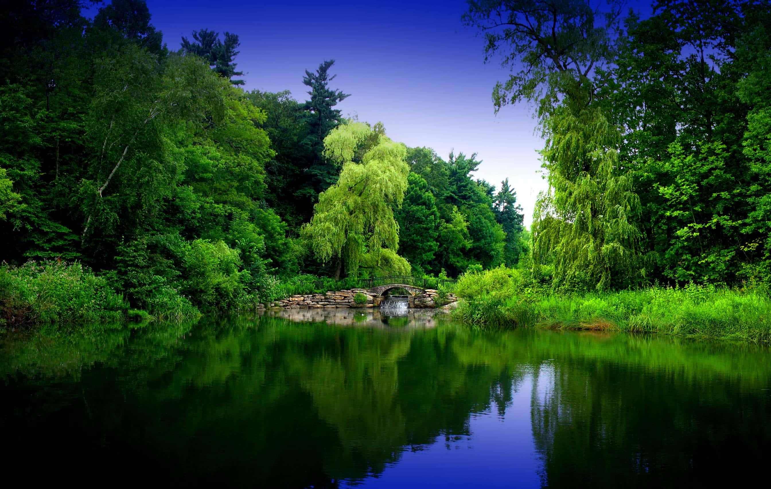 Zen Desktop, Gentle River, stone bridge, 2K Desktop Wallpaper