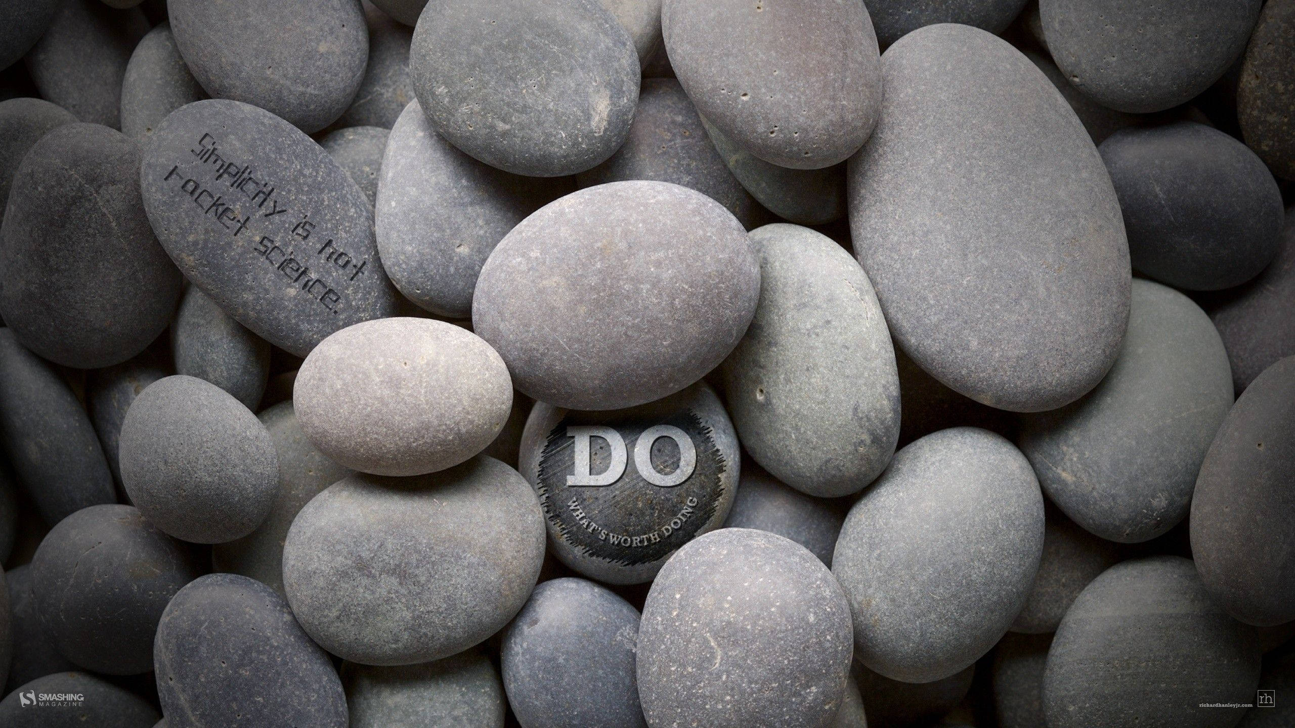 Zen, gray river rocks, engraved motivational phrases, 2K Desktop Wallpaper