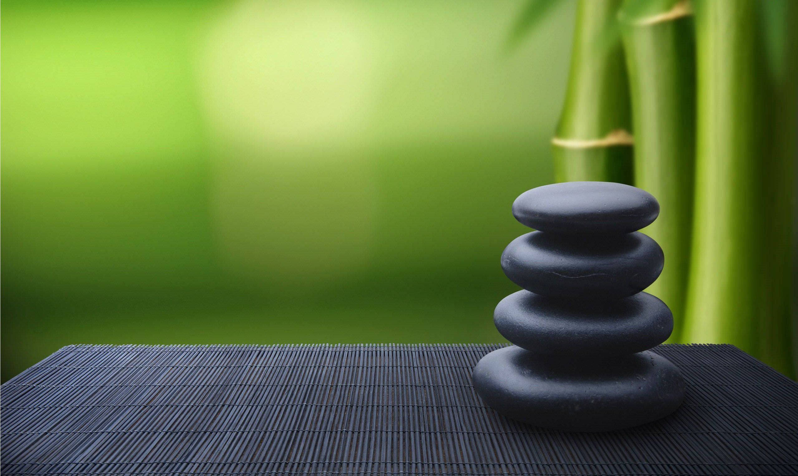 Zen, black flat stones, dark bamboo mat, 2K Desktop Wallpaper