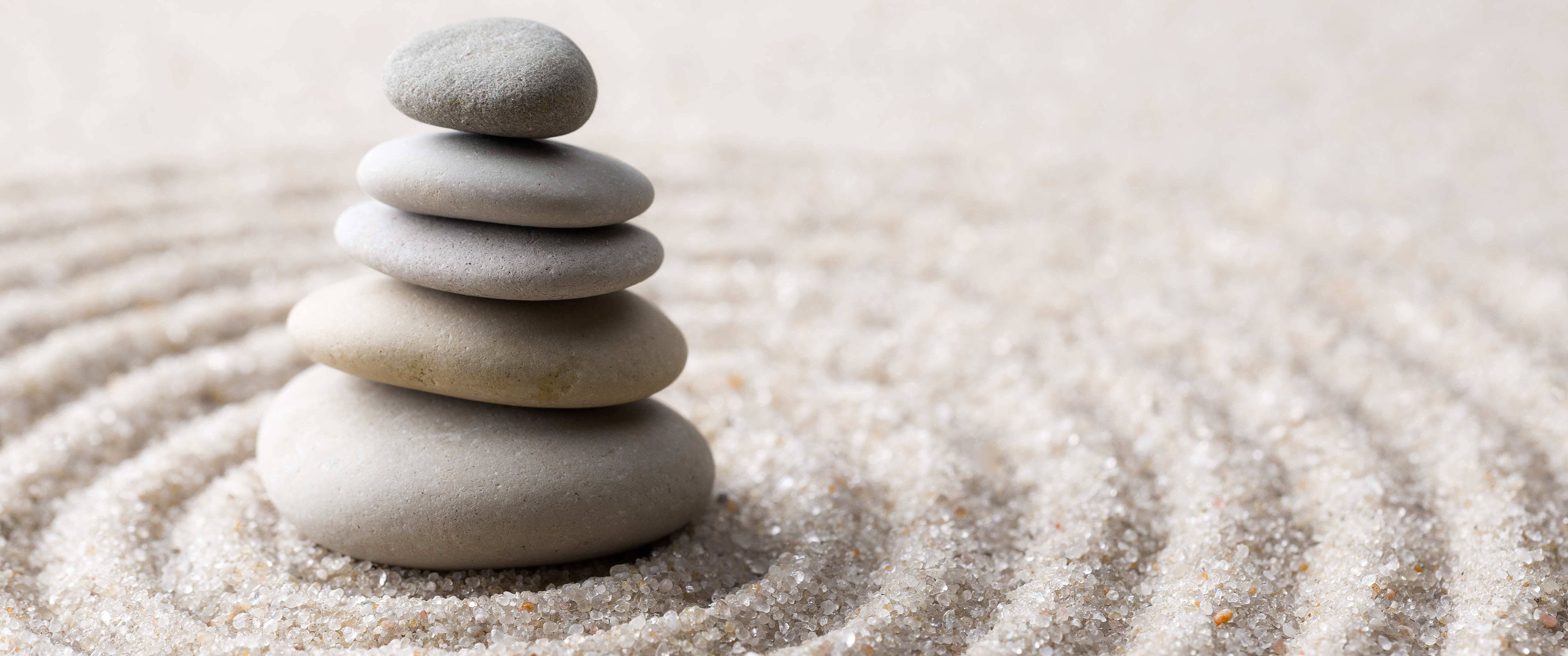 Zen garden, smooth gray stones, raked sand, 5K Desktop Wallpaper