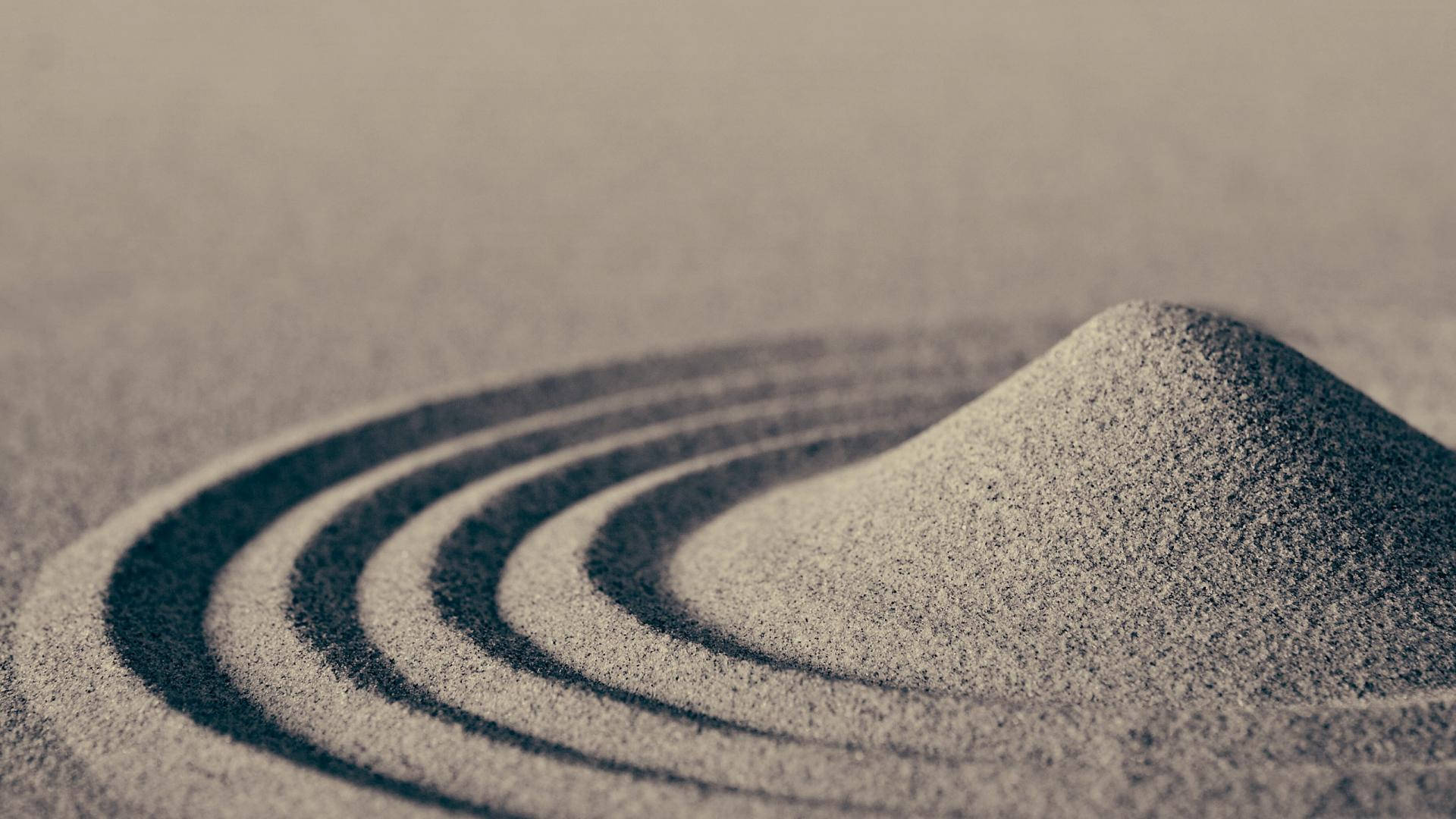 zen sand circles, concentric raked sand patterns, central mound, Full HD Desktop Wallpaper