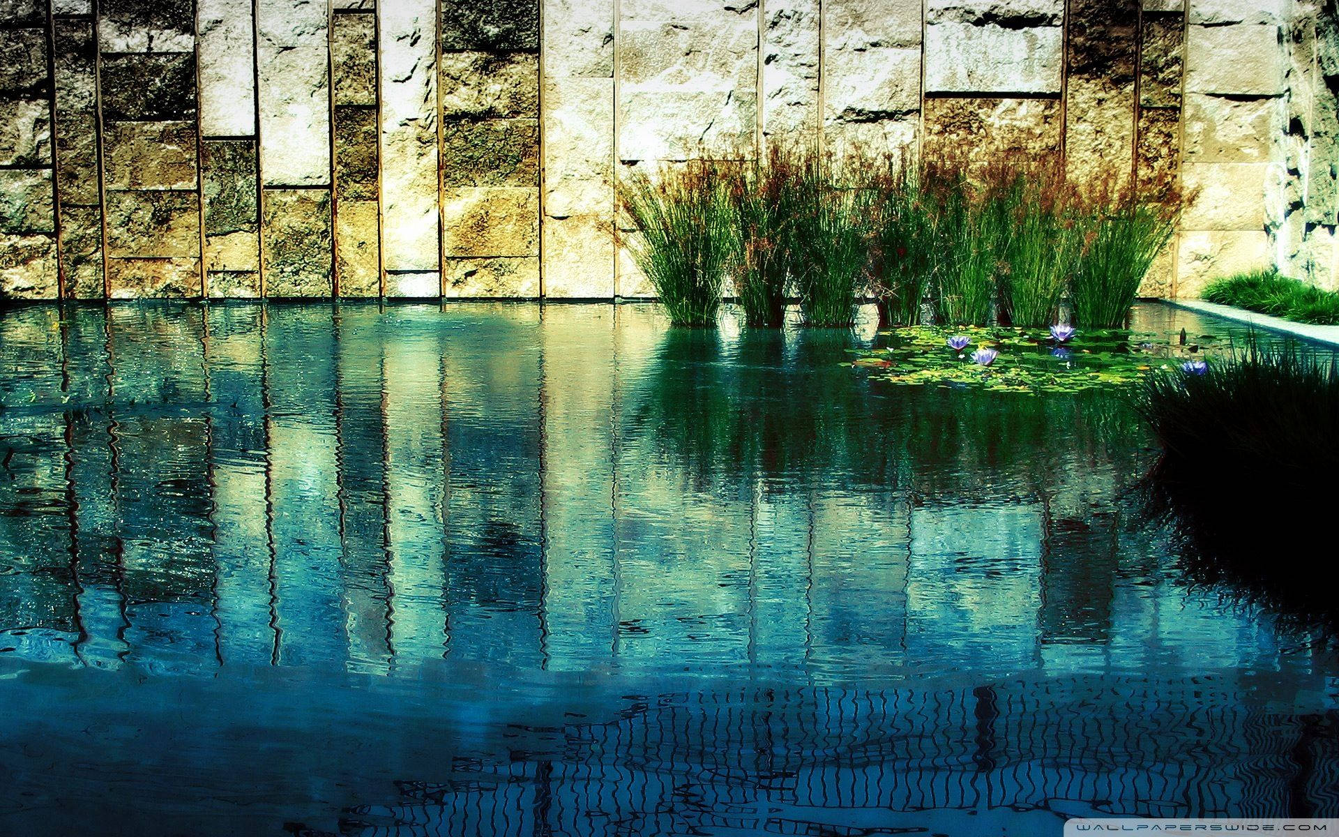 Zen, pool water, textured stone wall, Full HD Desktop Wallpaper