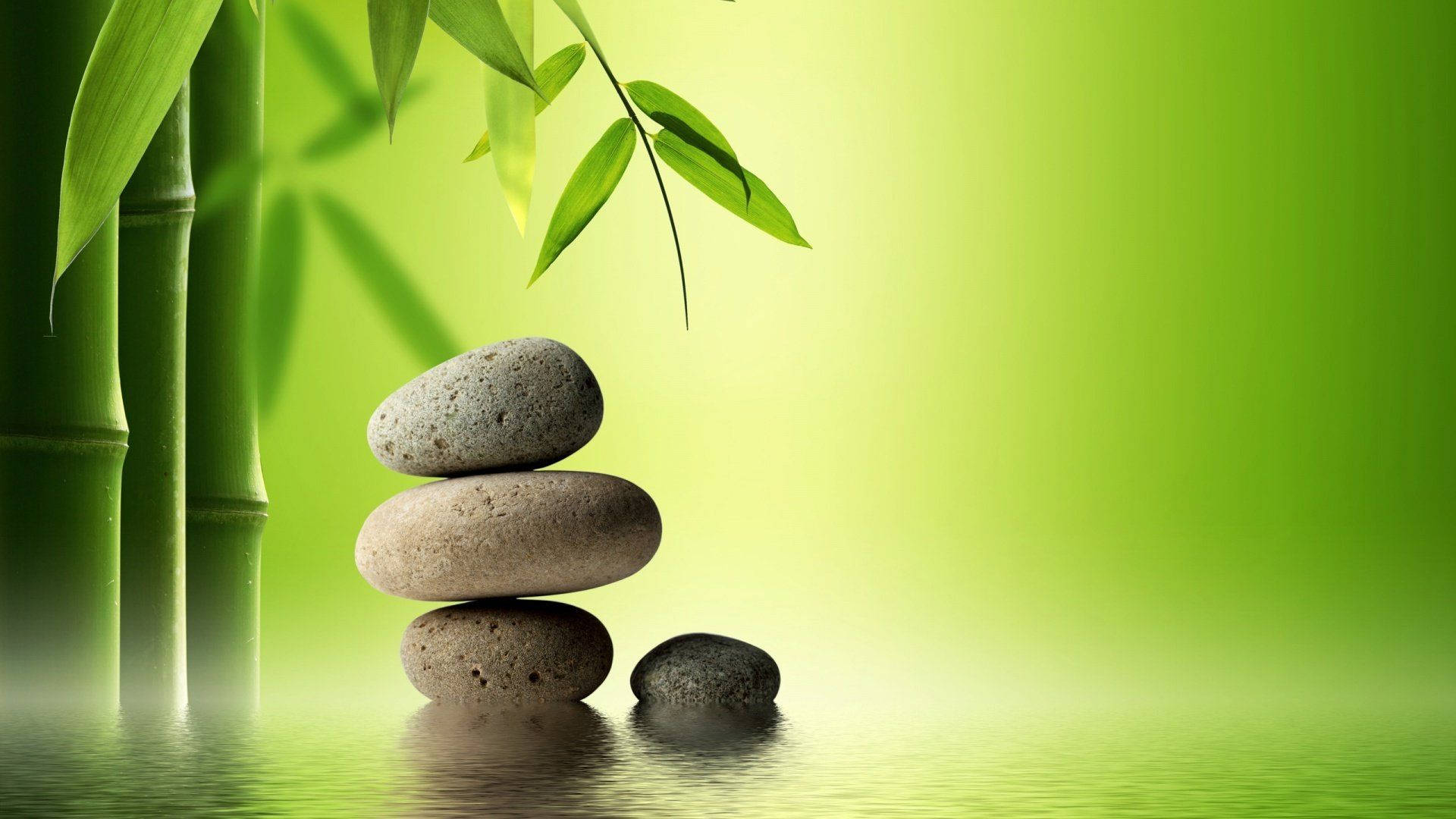 zen stones, green background, calm water, Full HD Desktop Wallpaper
