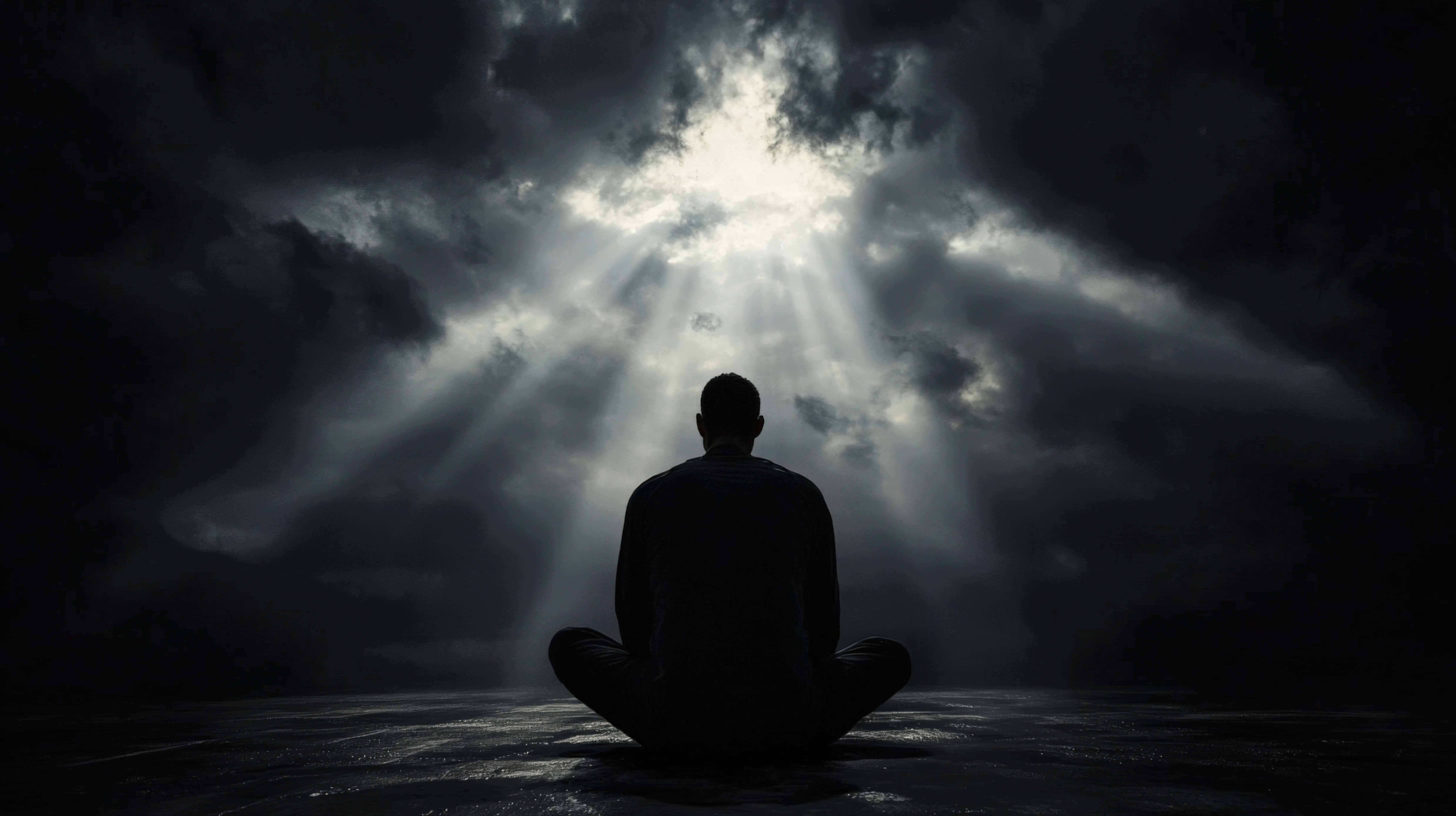 lone figure, deep meditation, dark stormy sky, 8K Desktop Wallpaper