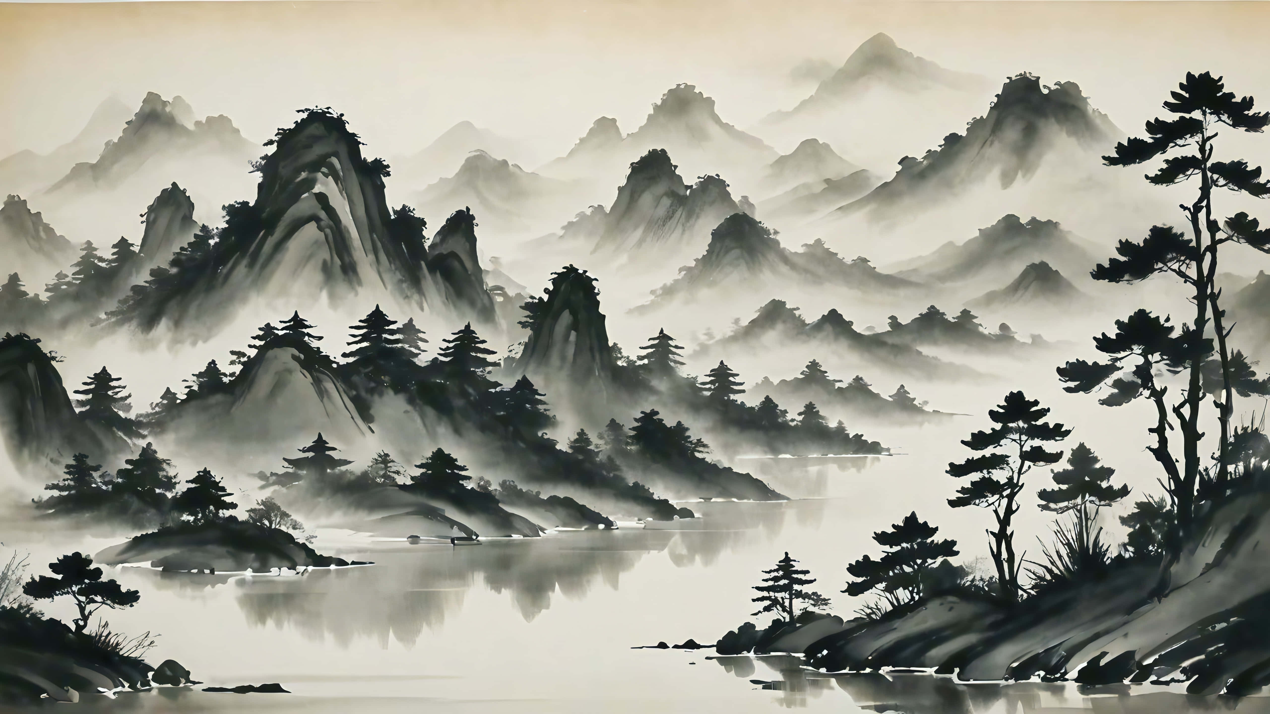minimalist ink river landscape, ink wash landscape, misty mountains, 5K Desktop Wallpaper