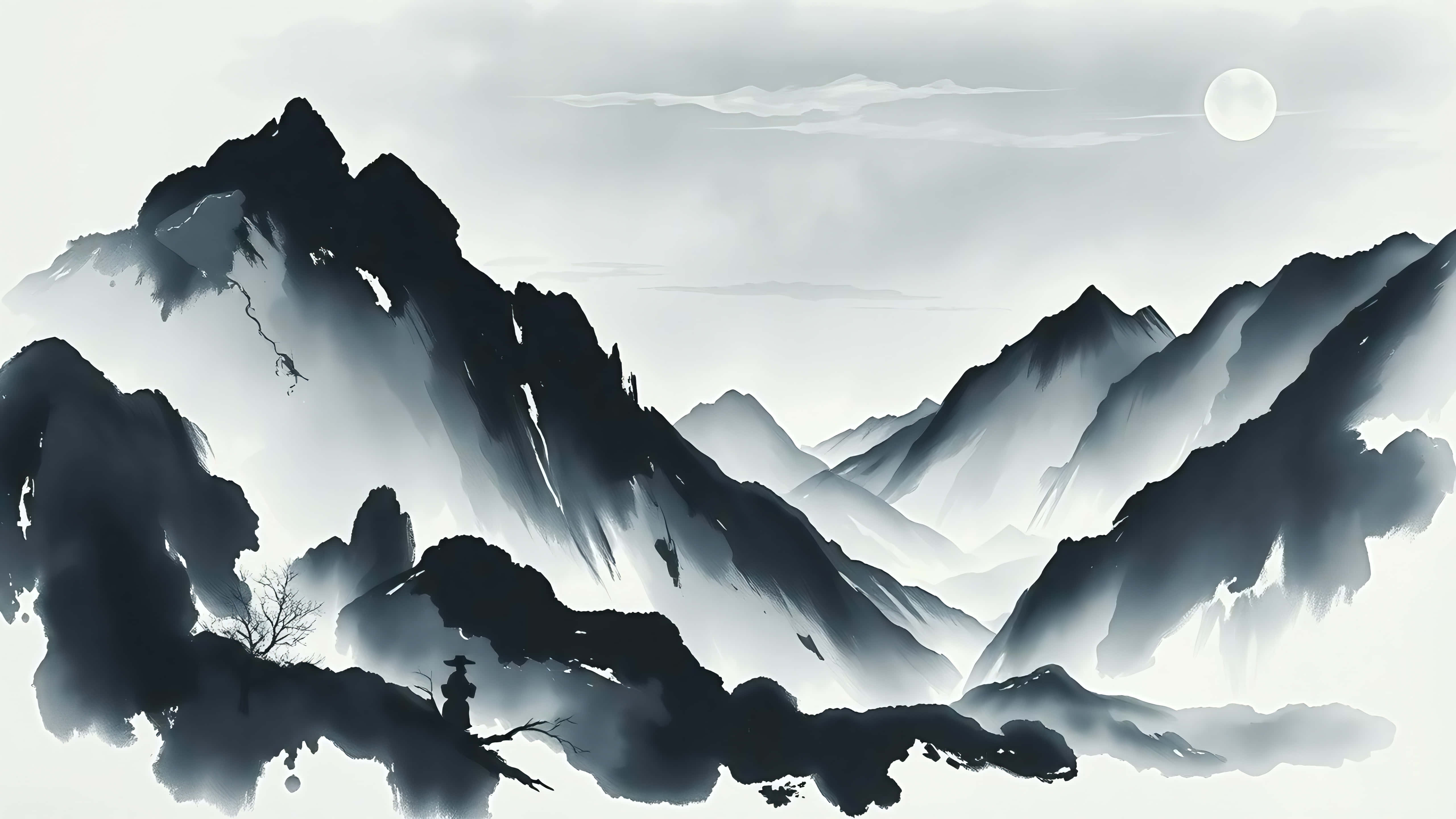 minimalist ink mountains landscape, lone figure, traditional hat, 5K Desktop Wallpaper