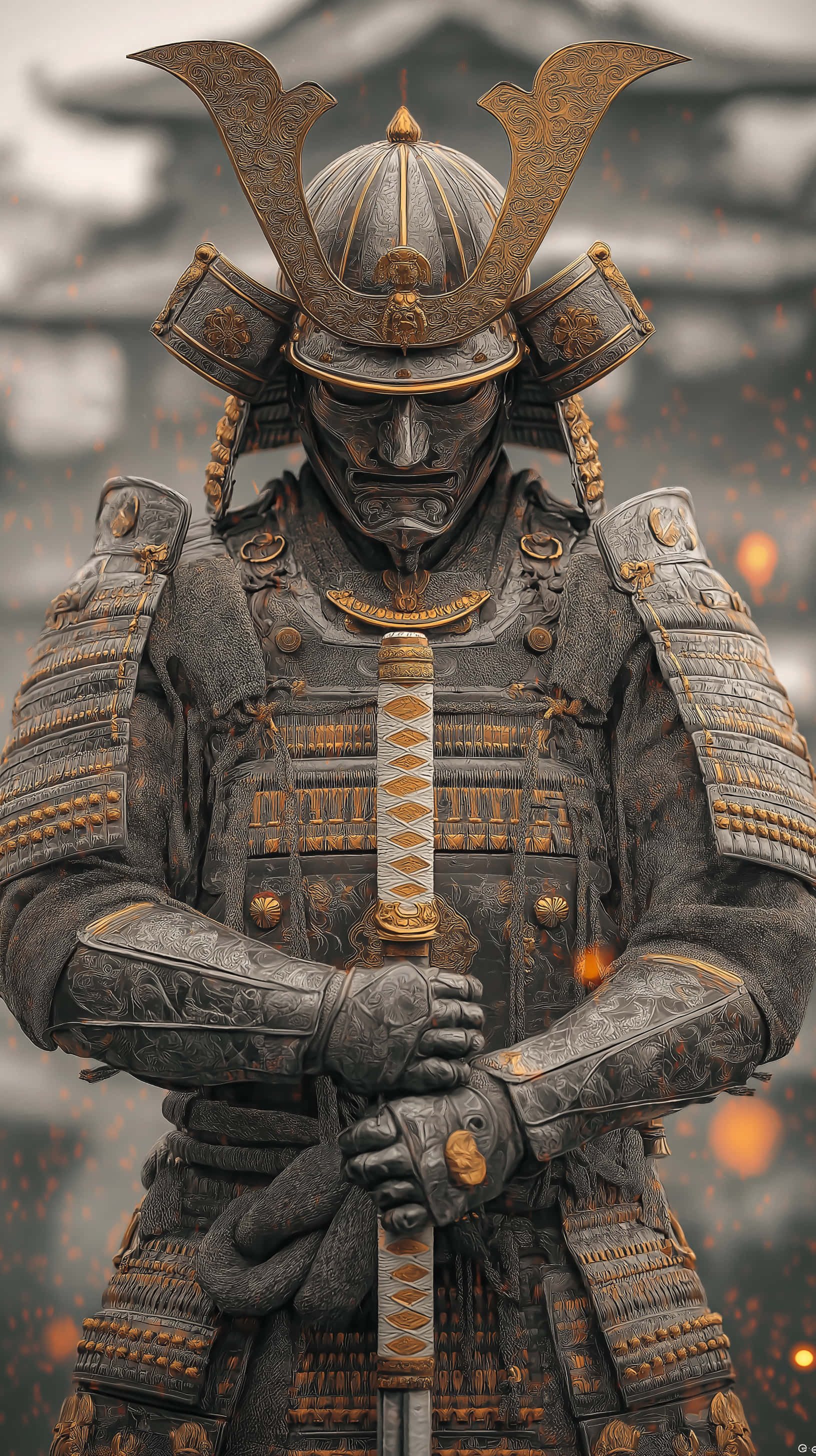 samurai warrior, ornate dark armor with gold accents, katana, 2K Phone Wallpaper