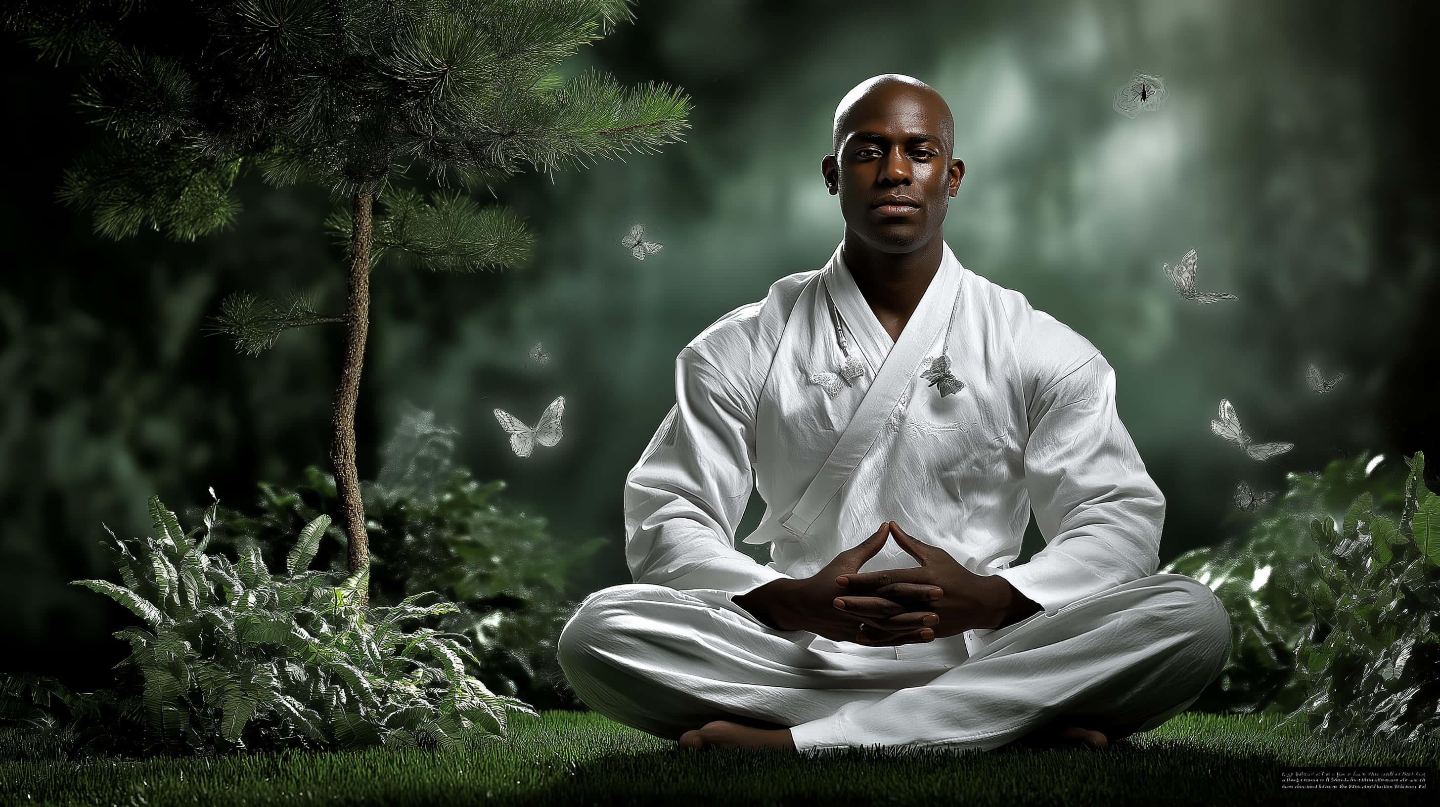 bald man, white robe, pine tree, 2K Desktop Wallpaper