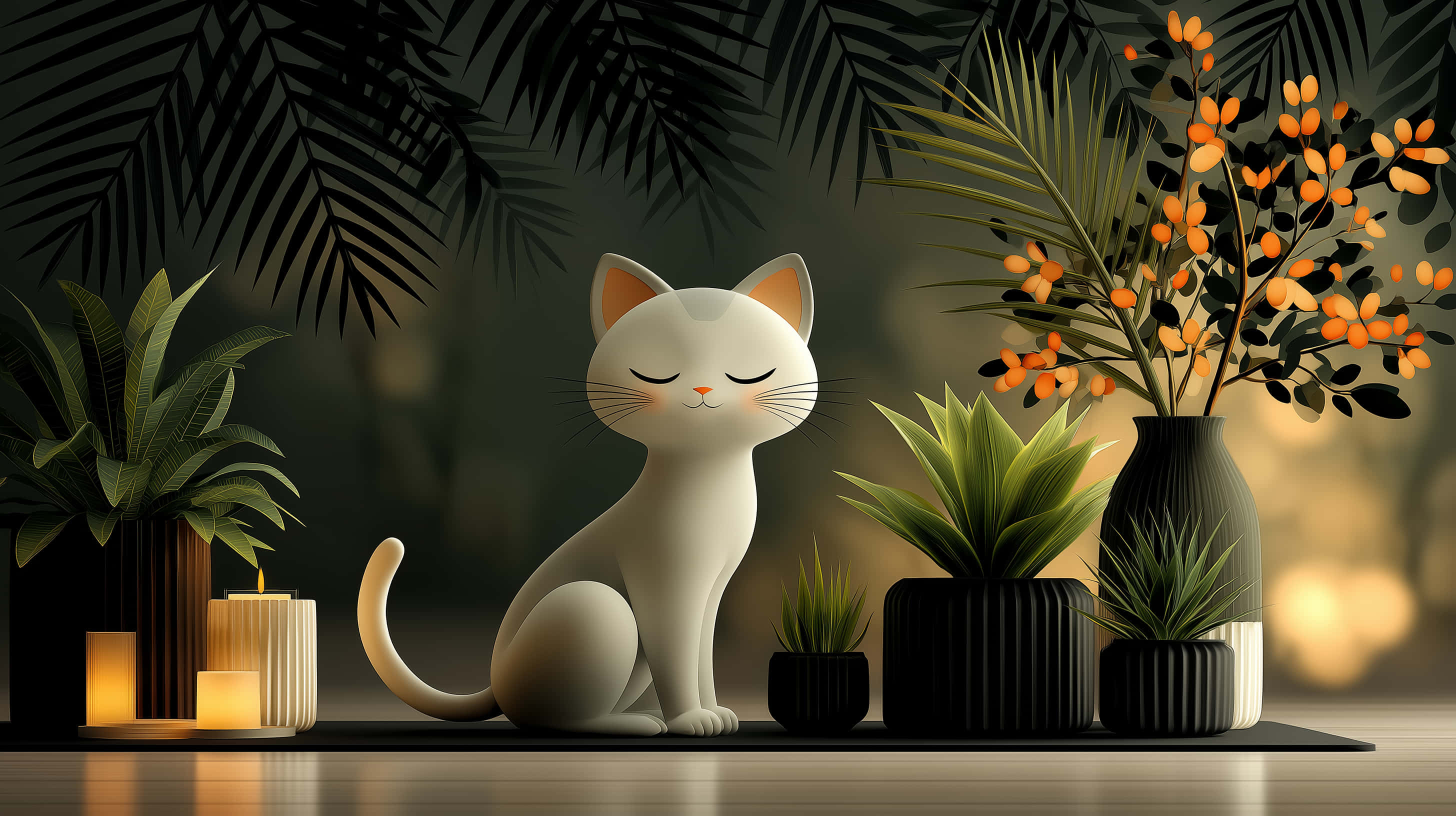 zen, cartoon cat, lush greenery, 2K Desktop Wallpaper