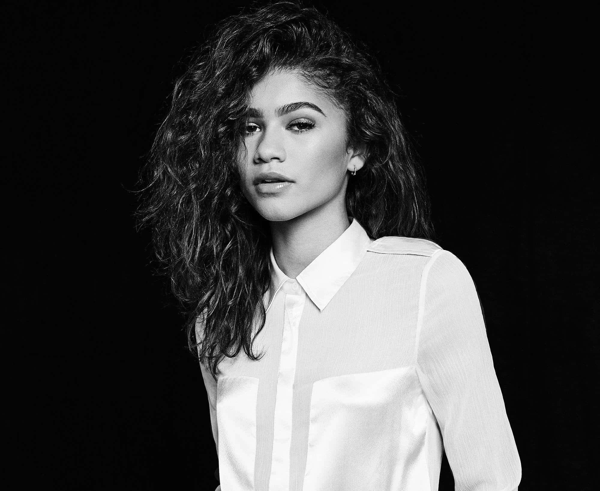 Zendaya, black and white portrait, voluminous curls, Full HD Desktop Wallpaper