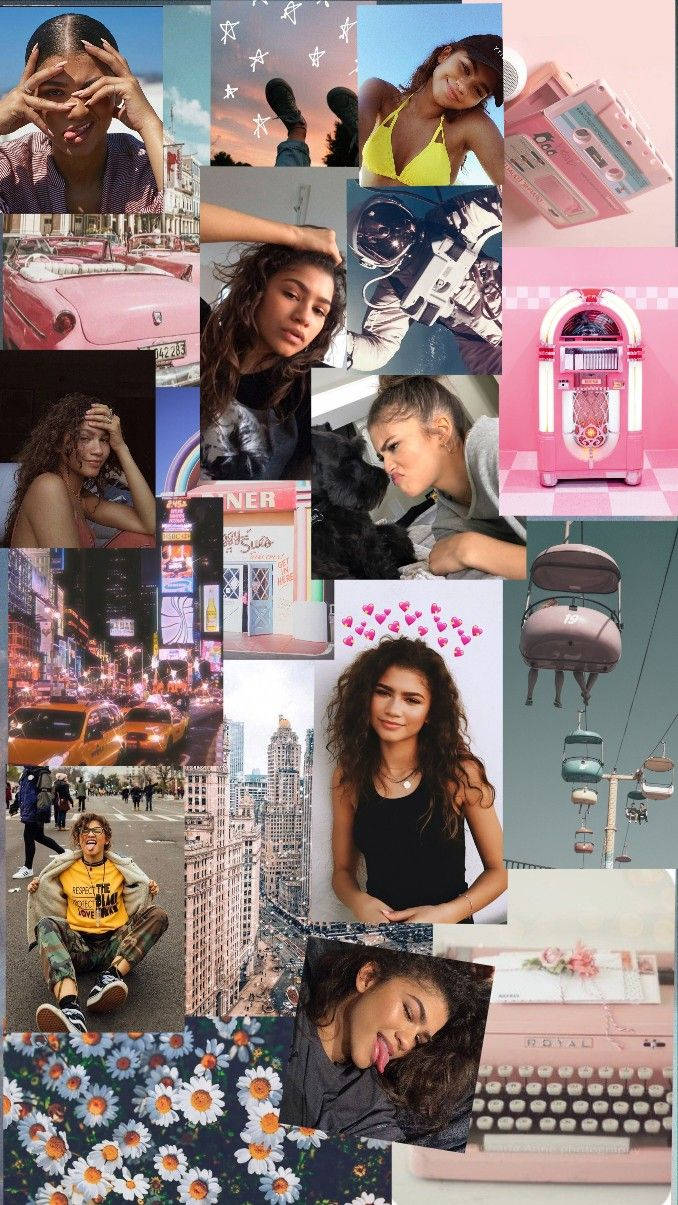Zendaya, pink-themed scenes, city streets, SD Phone Wallpaper