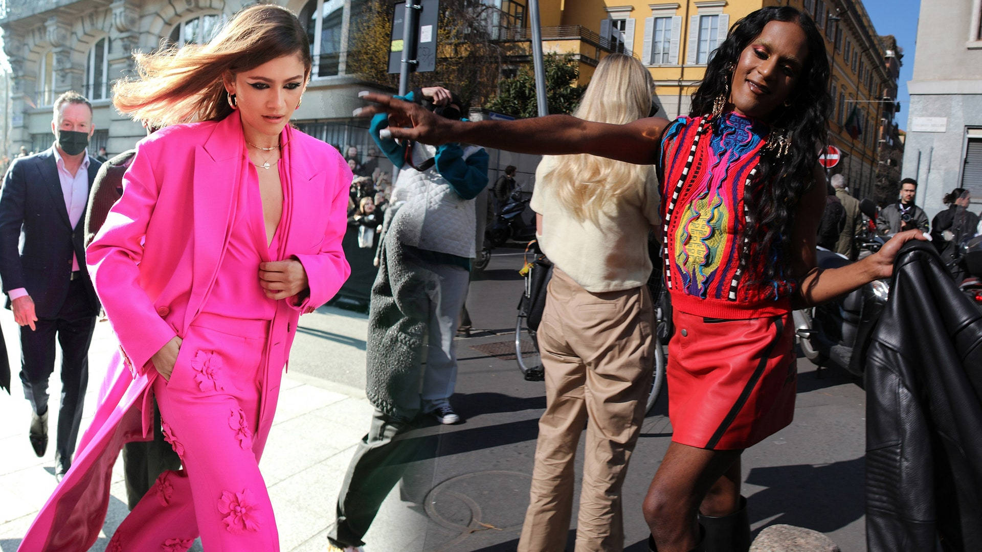 Zendaya, magenta clothes, sunlit city street, Full HD Desktop Wallpaper