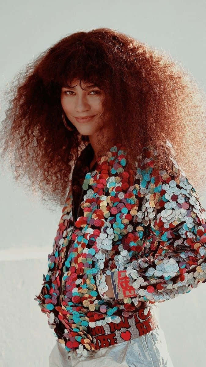 Zendaya, voluminous curly auburn hair, colorful sequined jacket, SD Phone Wallpaper