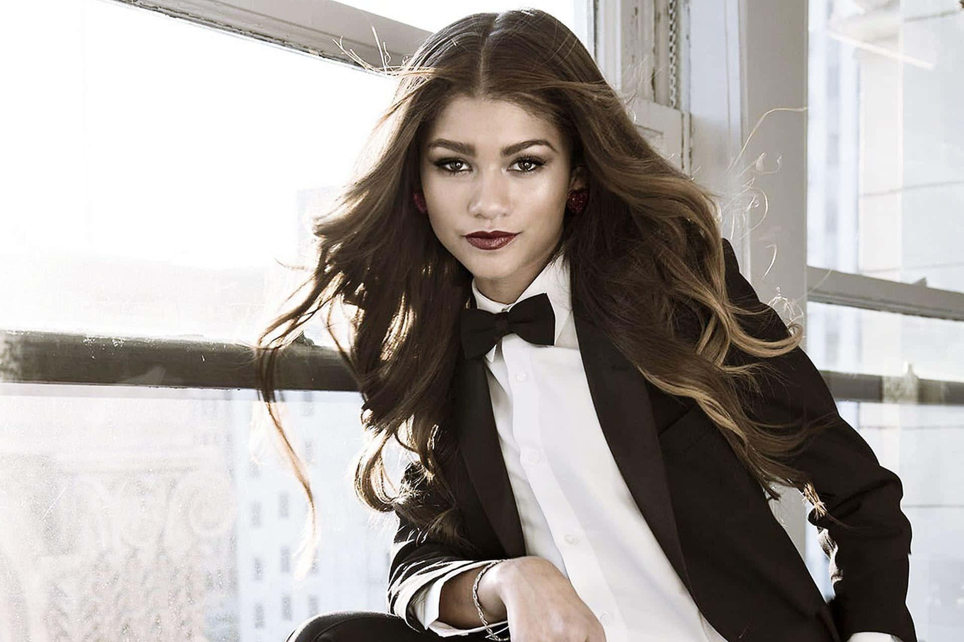 Zendaya, black tuxedo, bowtie, Full HD Desktop Wallpaper