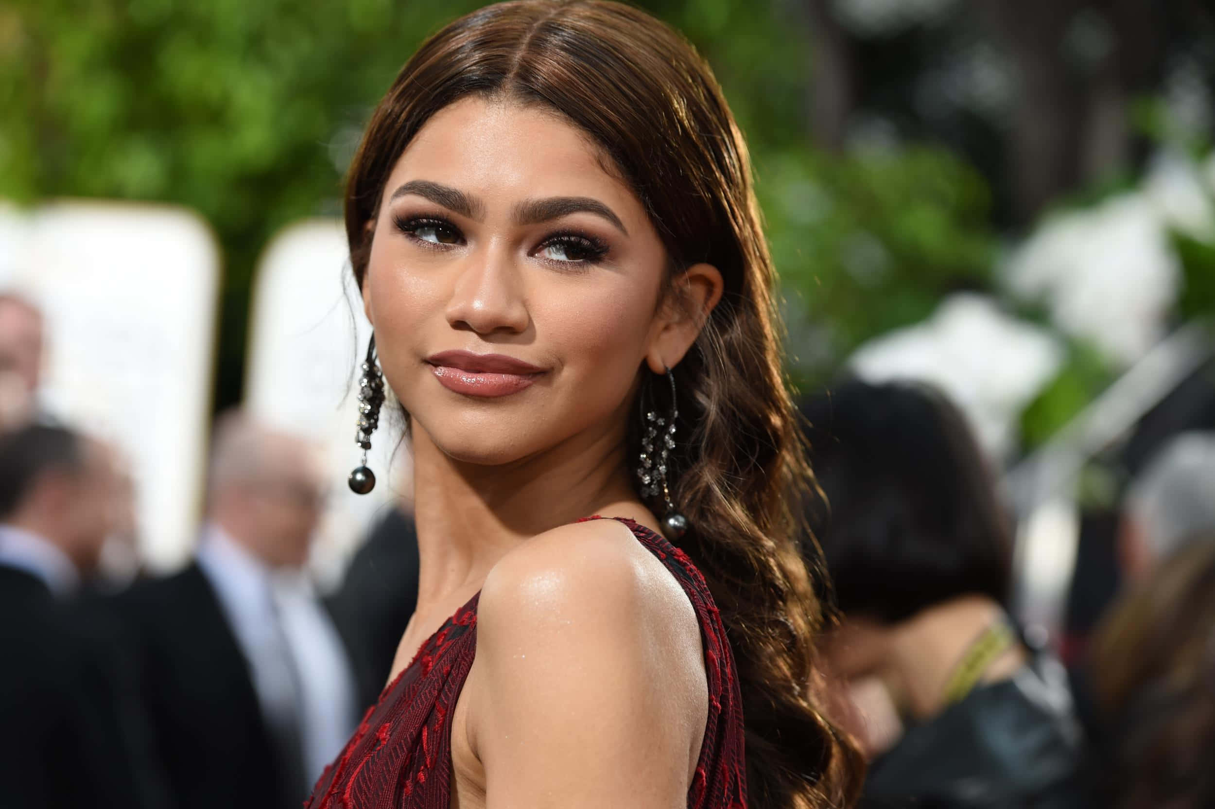 Zendaya, red dress, dangling earrings, Full HD Desktop Wallpaper