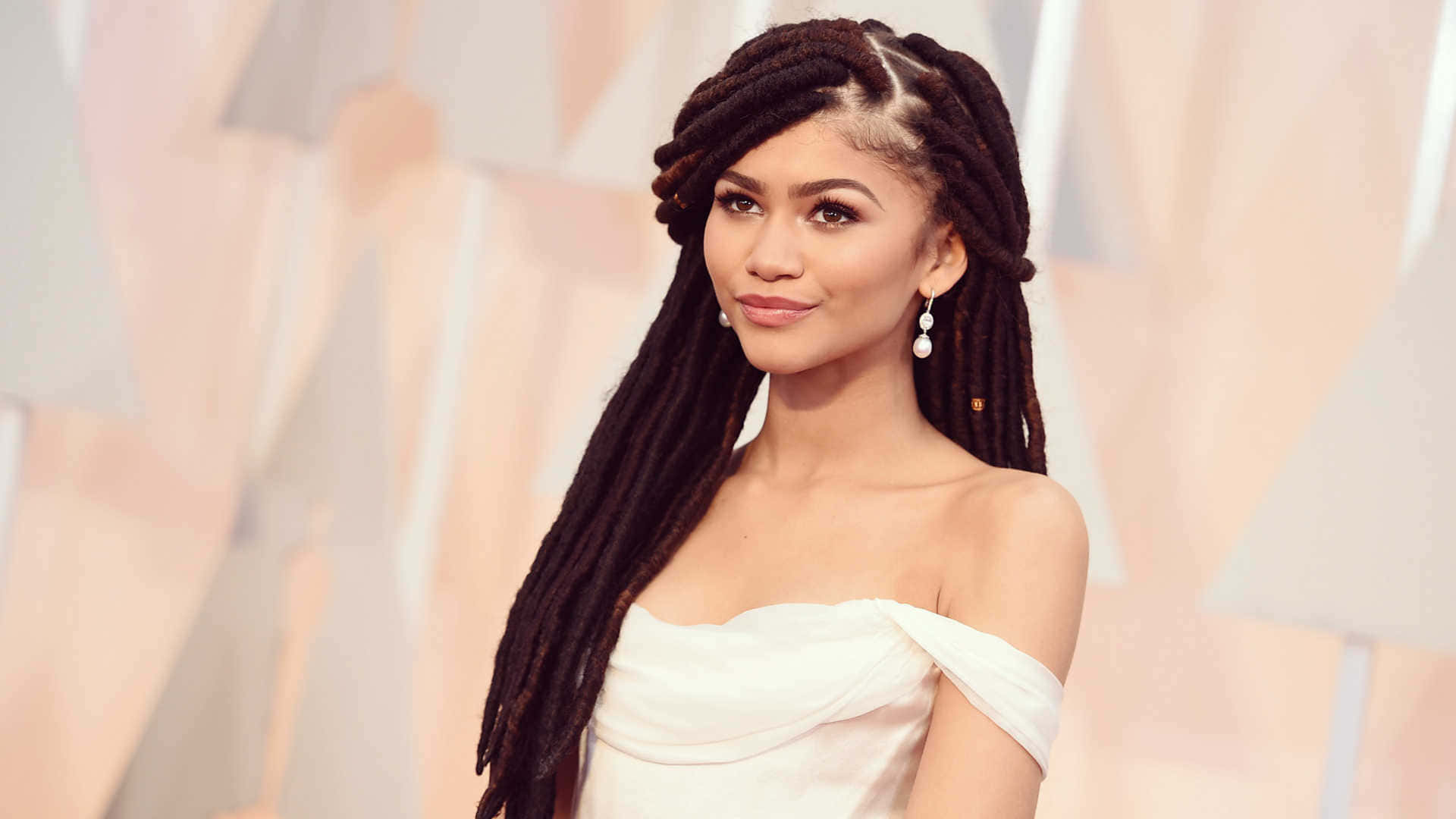 Zendaya, white off-shoulder gown, long braided hair, Full HD Desktop Wallpaper