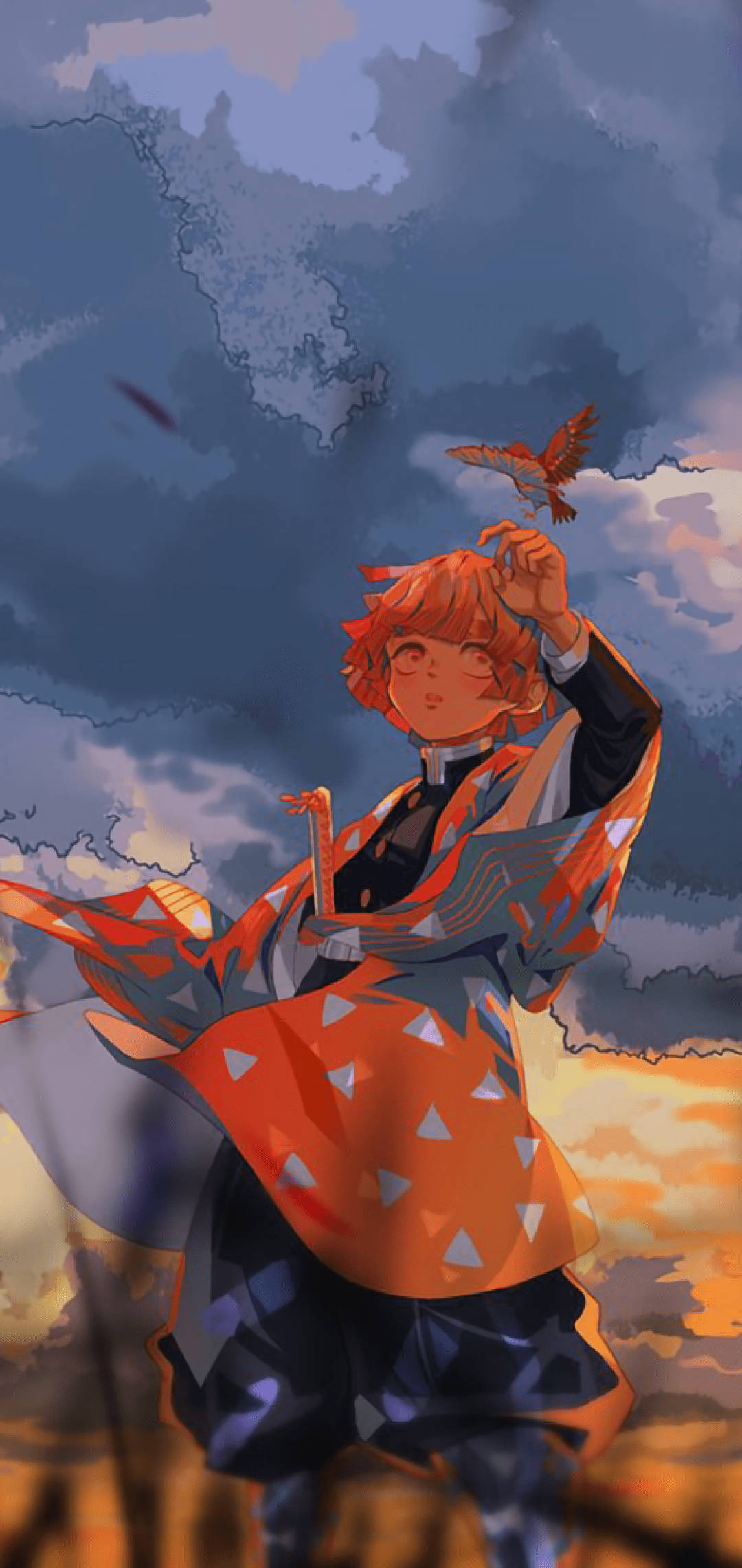 Zenitsu, orange hair, patterned kimono, Full HD Phone Wallpaper