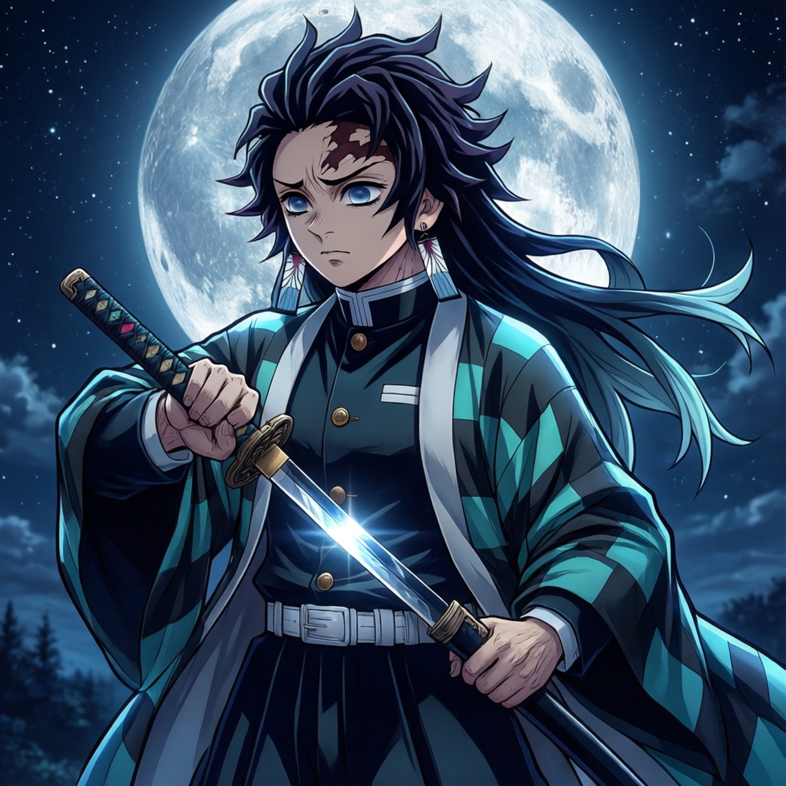 Zenitsu, moonlit sky, glowing sword, HD Desktop Wallpaper