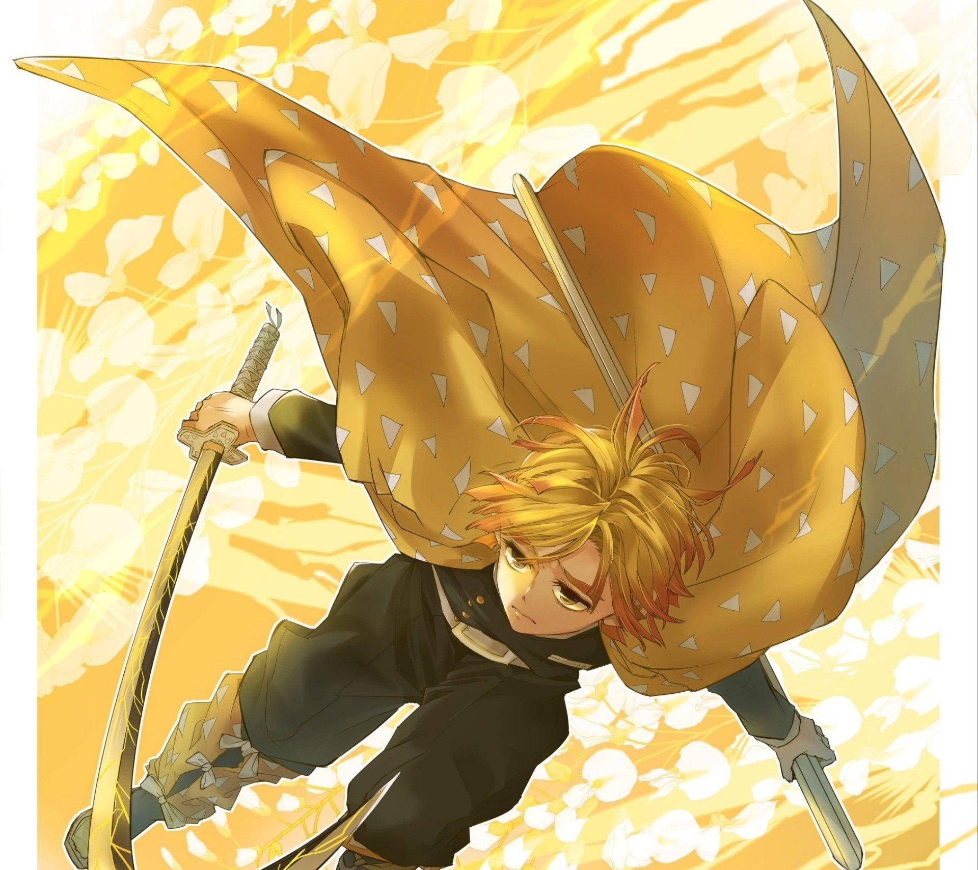 Zenitsu, golden hair, flowing yellow cape, Full HD Desktop Wallpaper