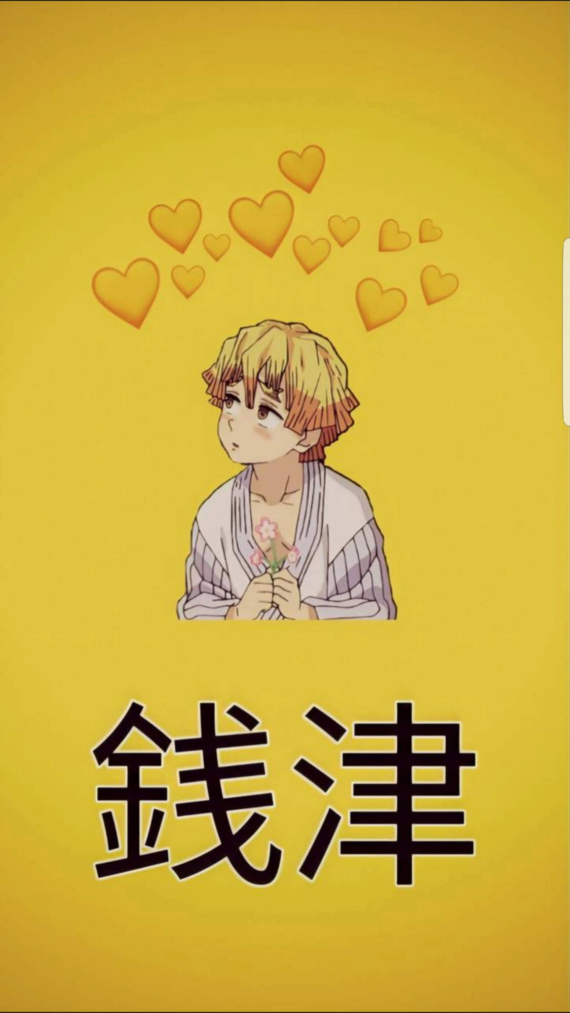 Zenitsu, yellow hearts, pink flower, Full HD Phone Wallpaper